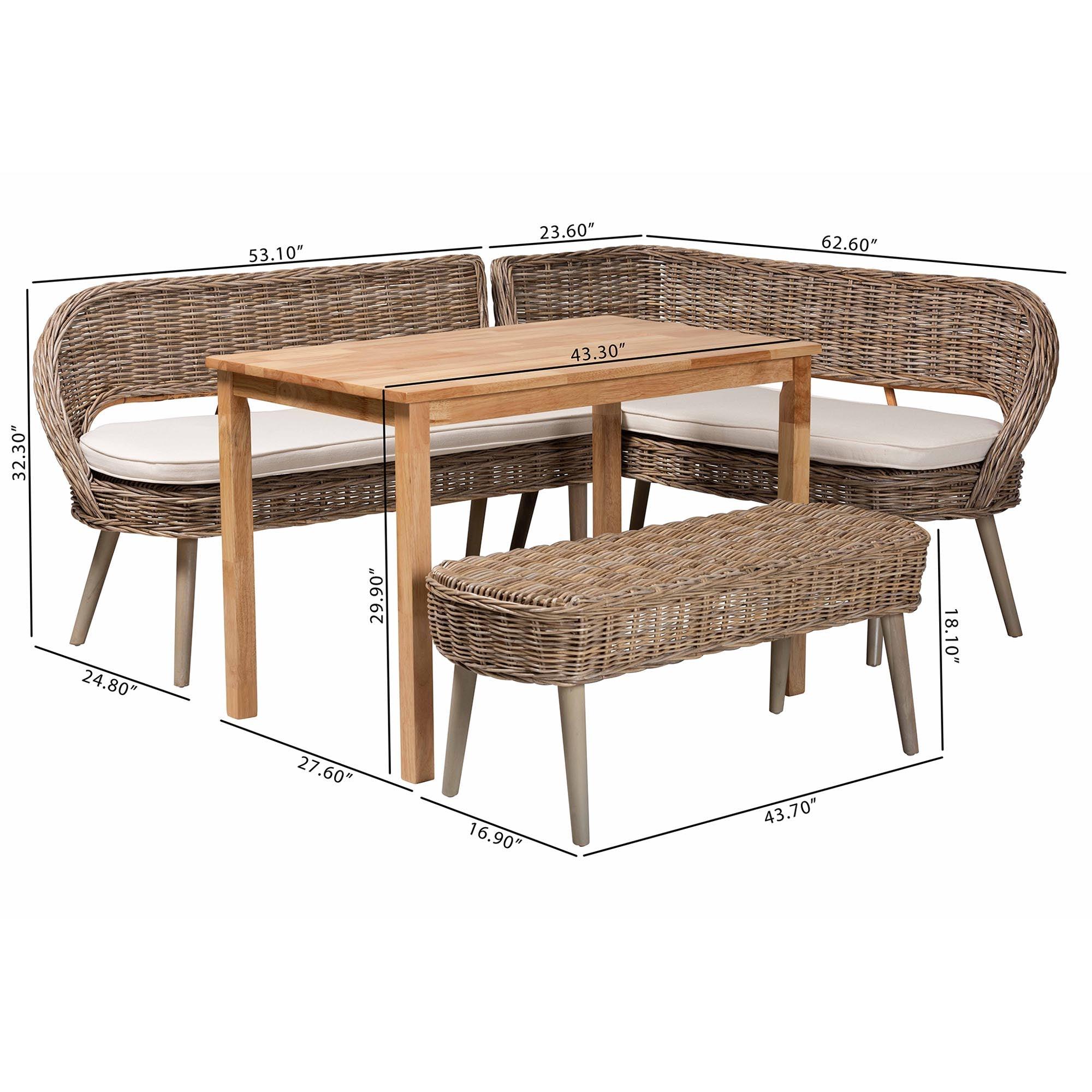 Raisa Modern Bohemian Kubu Rattan Bench and Wood Table 4-Piece Dining Nook Set