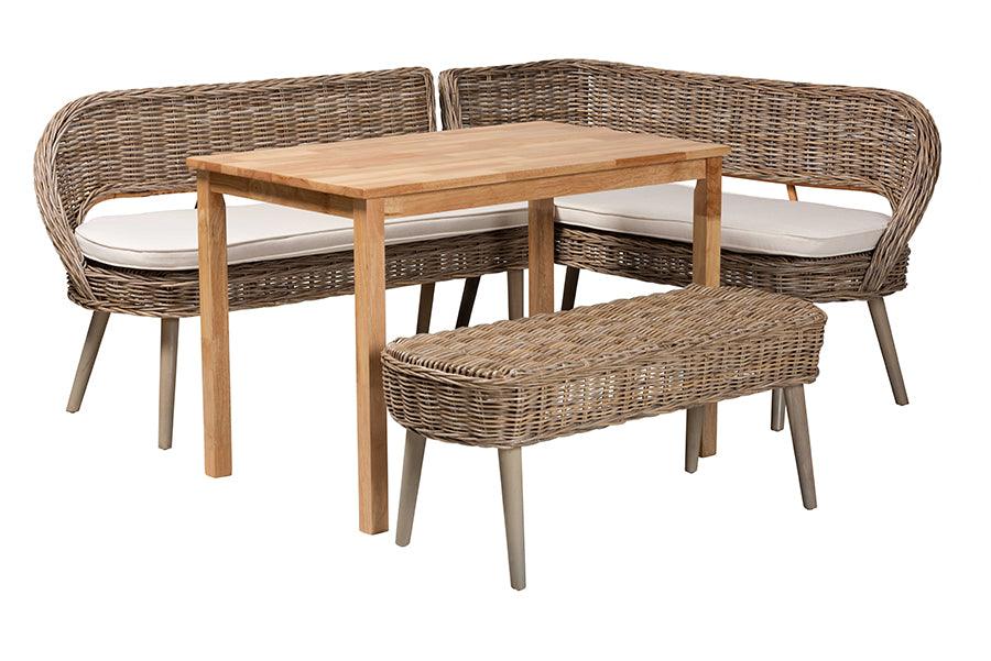 Raisa Modern Bohemian Kubu Rattan Bench and Wood Table 4-Piece Dining Nook Set