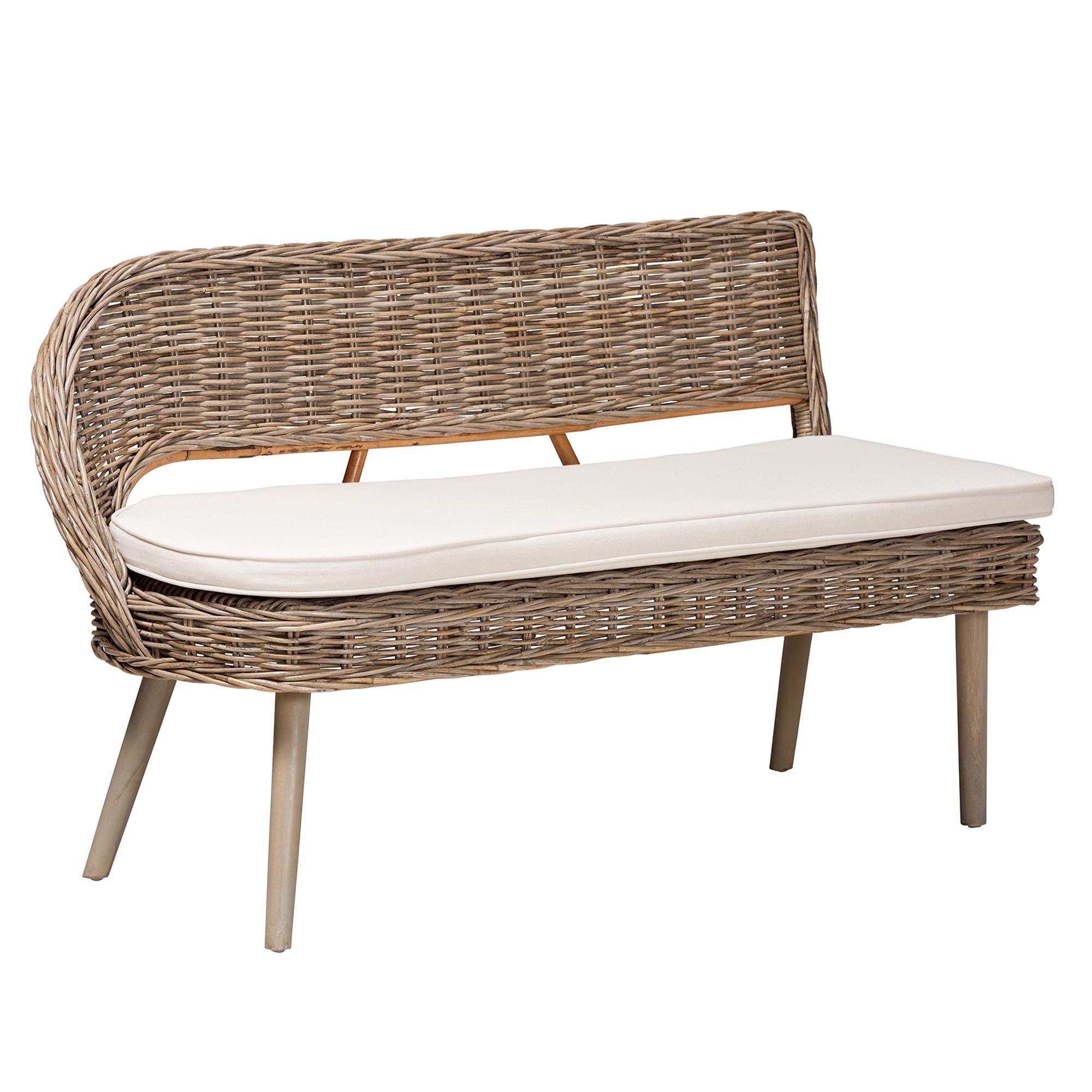 Raisa Modern Bohemian Kubu Rattan Bench and Wood Table 4-Piece Dining Nook Set