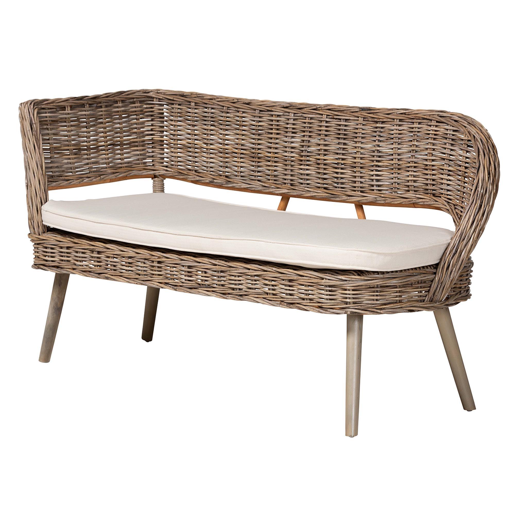 Raisa Modern Bohemian Kubu Rattan Bench and Wood Table 4-Piece Dining Nook Set