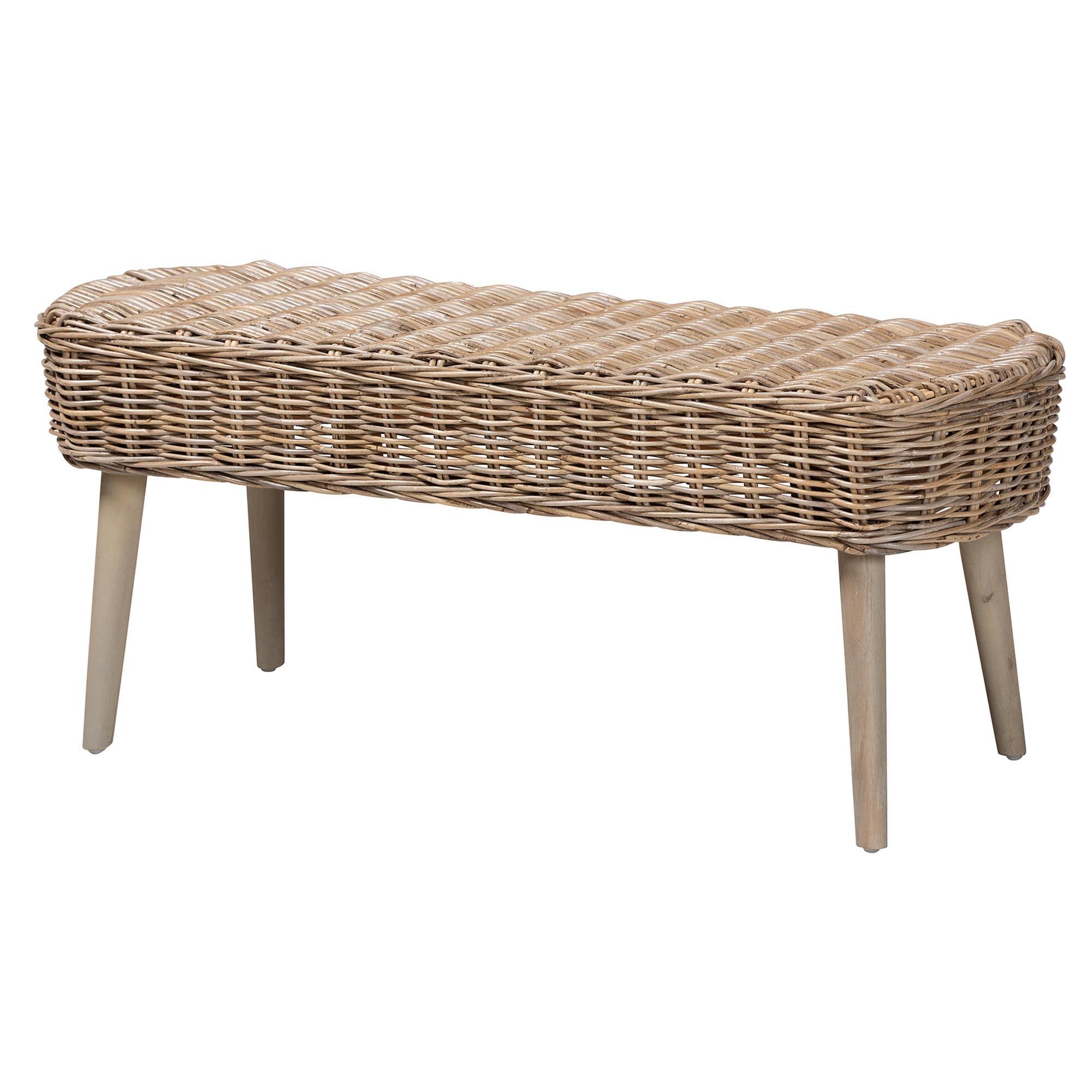 Raisa Modern Bohemian Kubu Rattan Bench and Wood Table 4-Piece Dining Nook Set