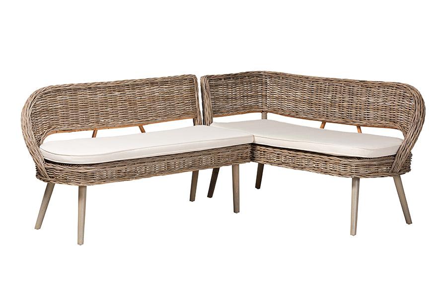 bali & pari Raisa Modern Bohemian Kubu Rattan and Acacia Wood 2-Piece Dining Nook Banquette Set