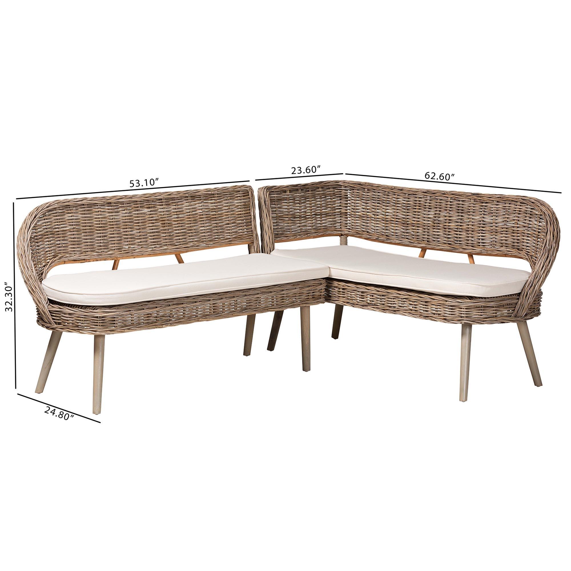 bali & pari Raisa Modern Bohemian Kubu Rattan and Acacia Wood 2-Piece Dining Nook Banquette Set