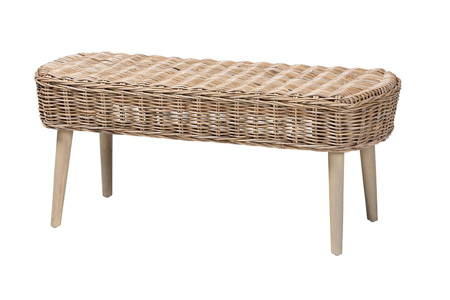 bali & pari Raisa Modern Bohemian Kubu Rattan and Acacia Wood Accent Bench
