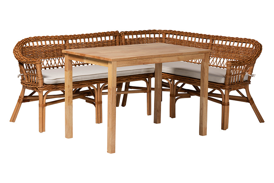 Nella Modern Bohemian Finished Wood and Rattan 3-Piece Dining Nook Set