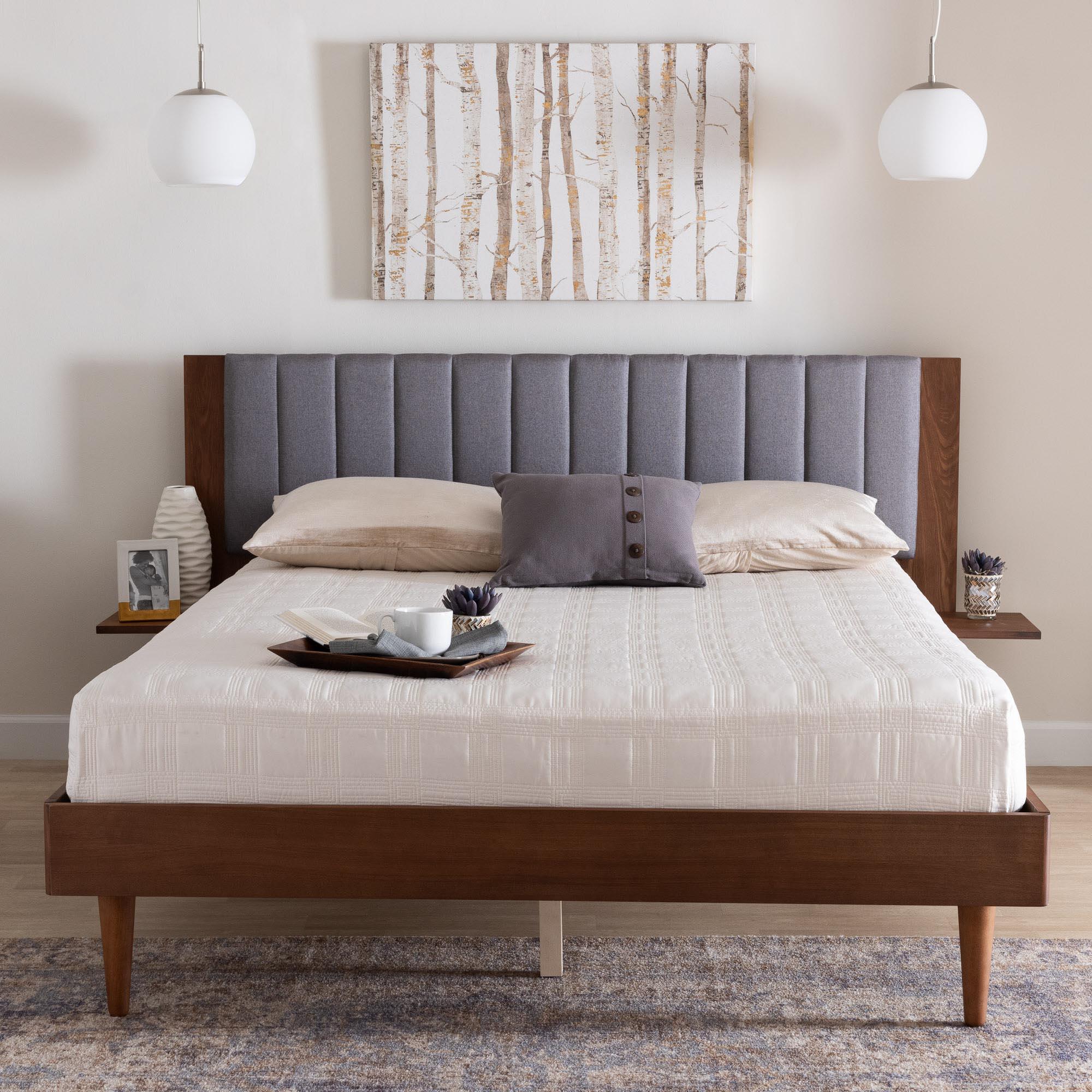 Kalista Transitional Modern Fabric and Wood Bed with Built-In Side Tables