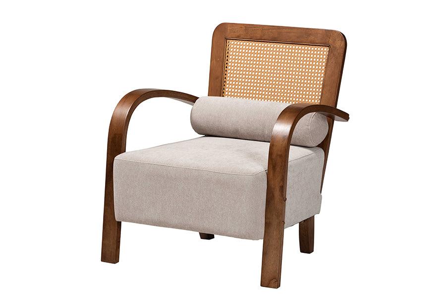 Sage Modern Japandi Light Fabric and Finished Wood Arm Chair with Woven Rattan