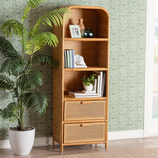 Bali & Pari Curacao Modern Bohemian Light Honey Rattan 2-Drawer Bookcase