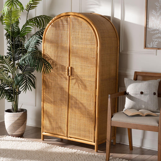 Bali & Pari Paloma Modern Bohemian Light Honey Rattan Large Storage Cabinet