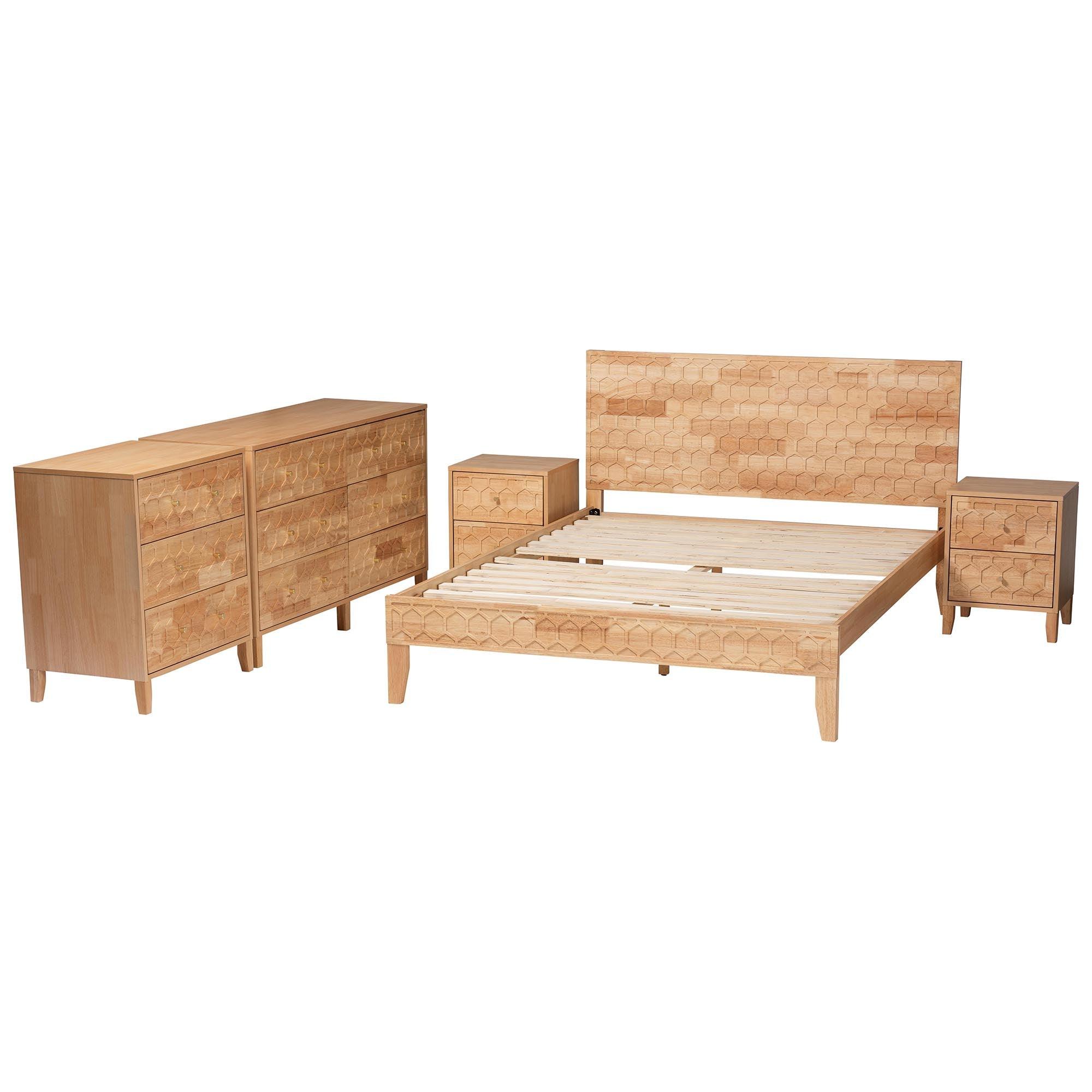 Hosea Japandi Carved Honeycomb 5-Piece Bedroom Set