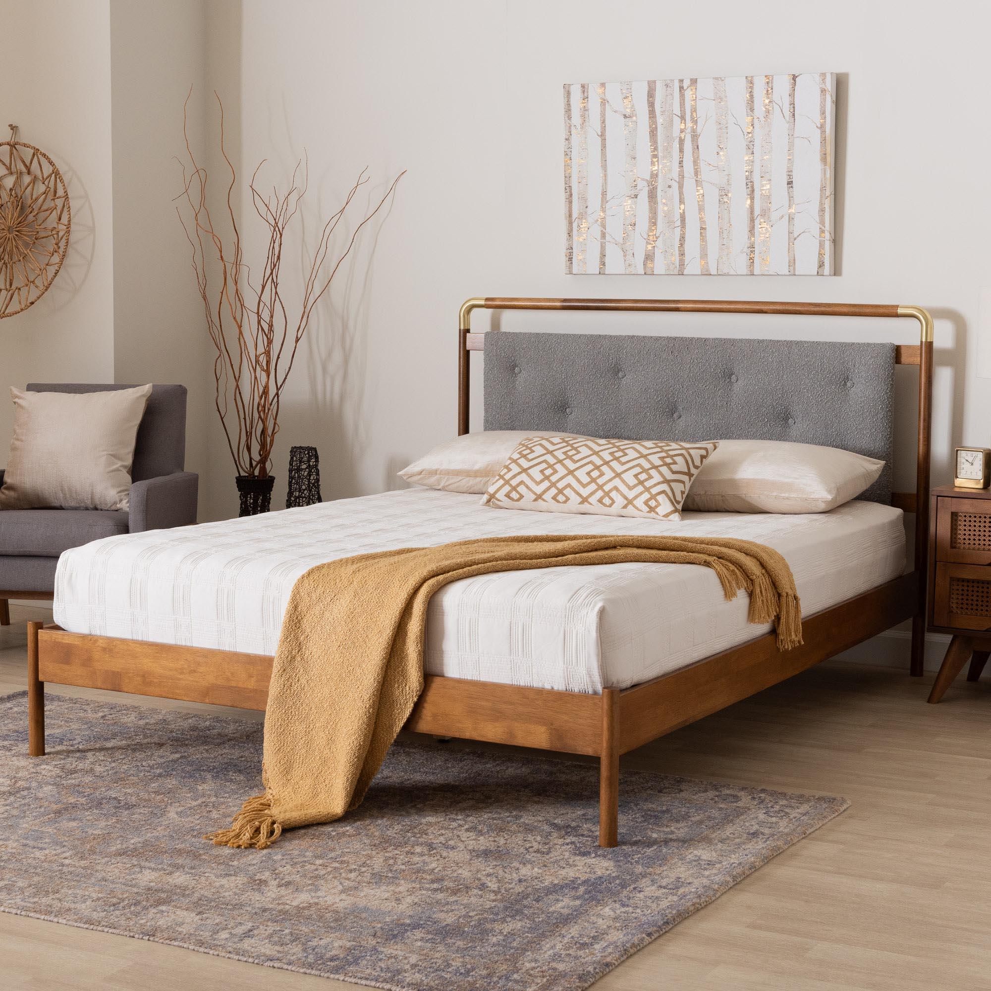Edwina Mid-Century Light Boucle Fabric and Wood Platform Bed