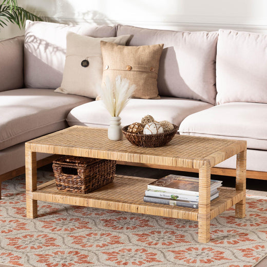 Bali & Pari Kalimantan Bohemian Light Honey Rattan and Mahogany Wood Rectangle Coffee Table