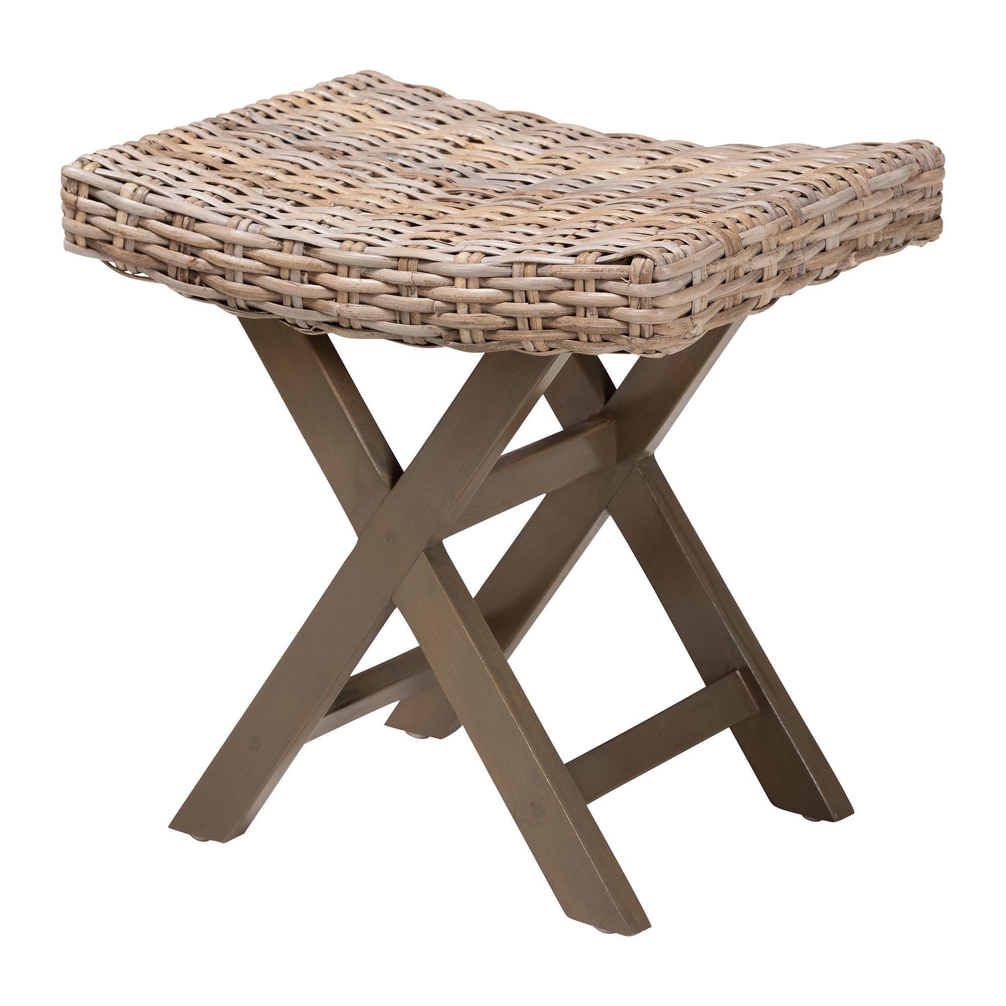 bali & pari Hayate Bohemian Kubu Rattan and Mahogany Wood Ottoman Footstool