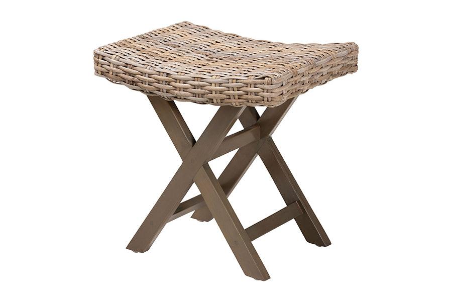 bali & pari Hayate Bohemian Kubu Rattan and Mahogany Wood Ottoman Footstool