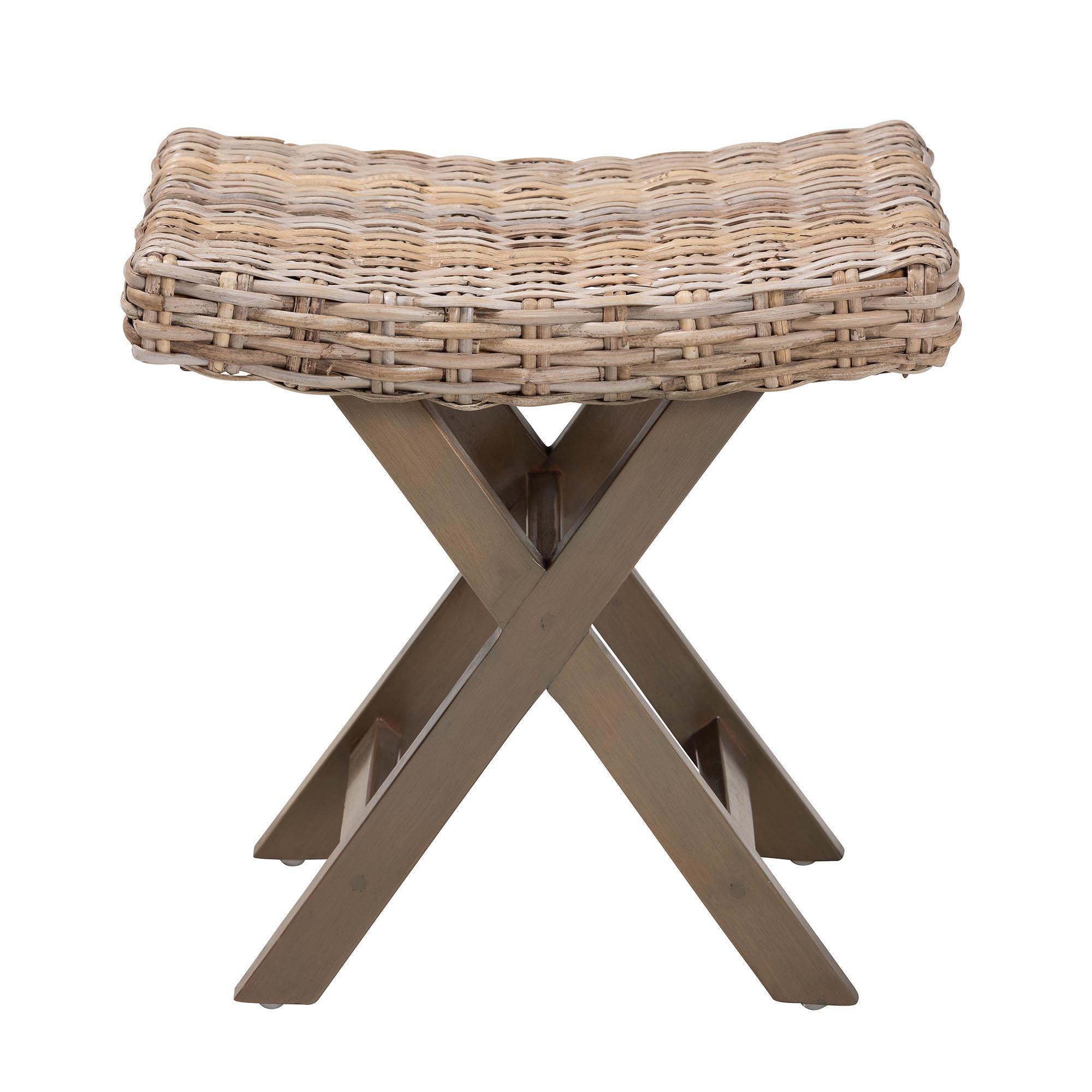 bali & pari Hayate Bohemian Kubu Rattan and Mahogany Wood Ottoman Footstool
