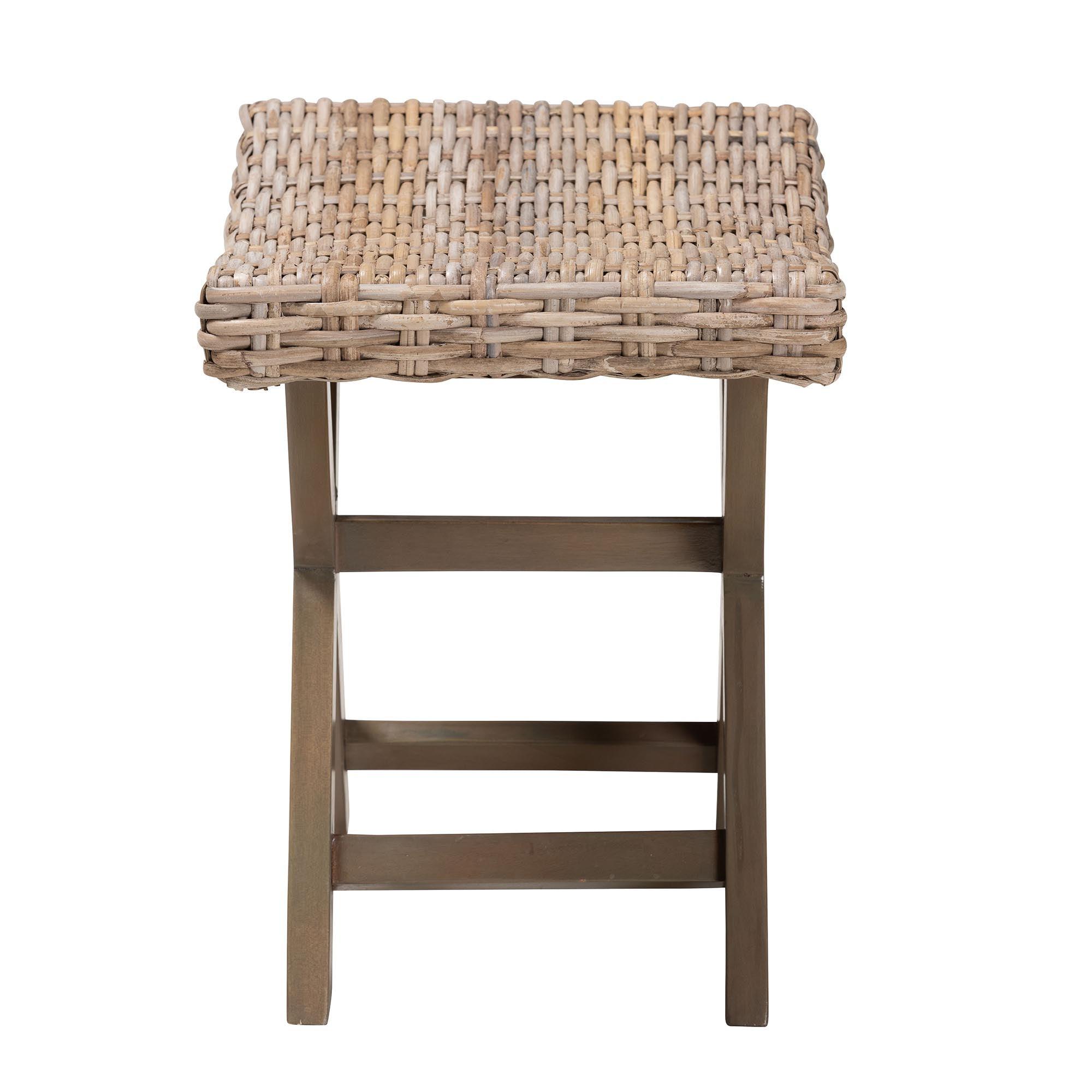bali & pari Hayate Bohemian Kubu Rattan and Mahogany Wood Ottoman Footstool