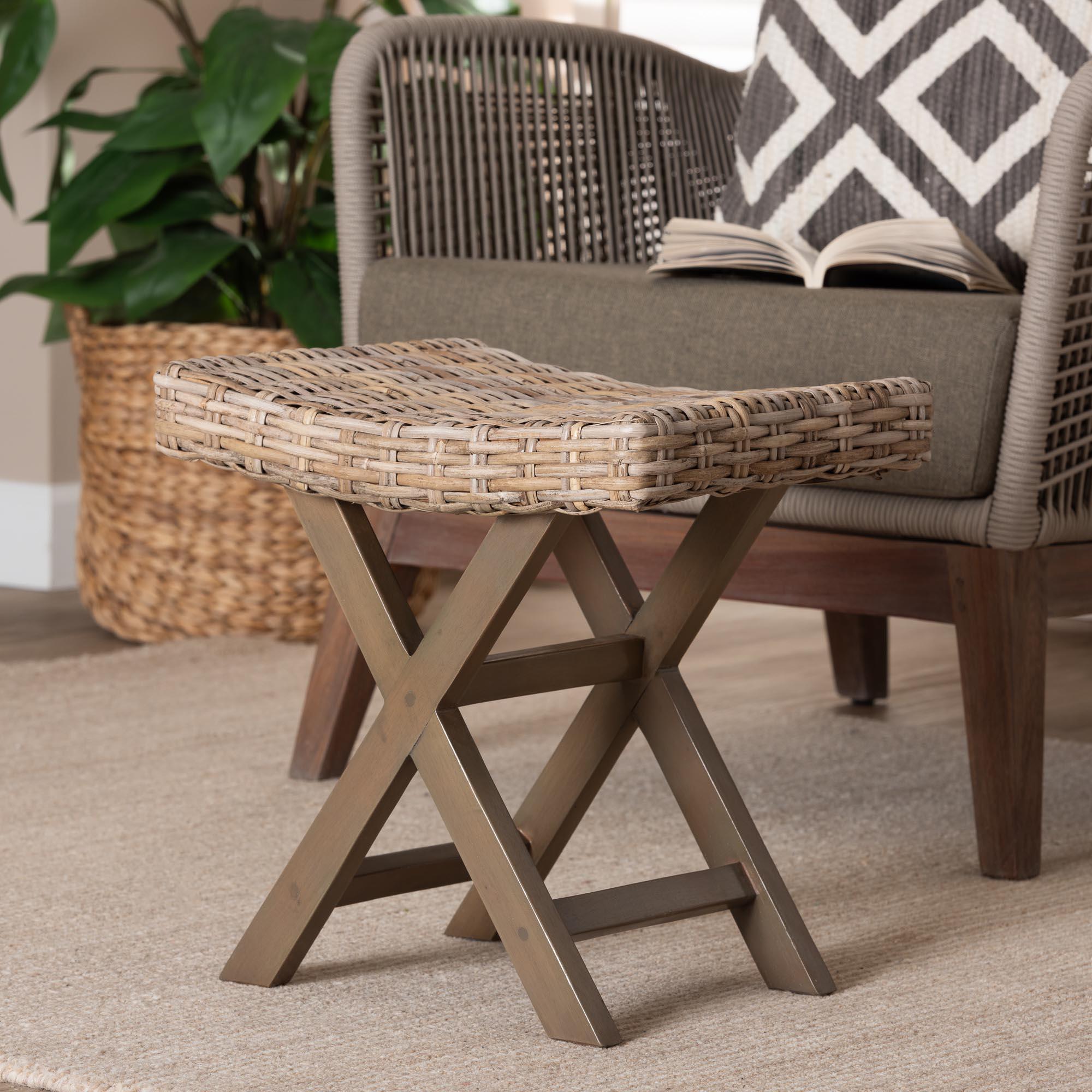 bali & pari Hayate Bohemian Kubu Rattan and Mahogany Wood Ottoman Footstool