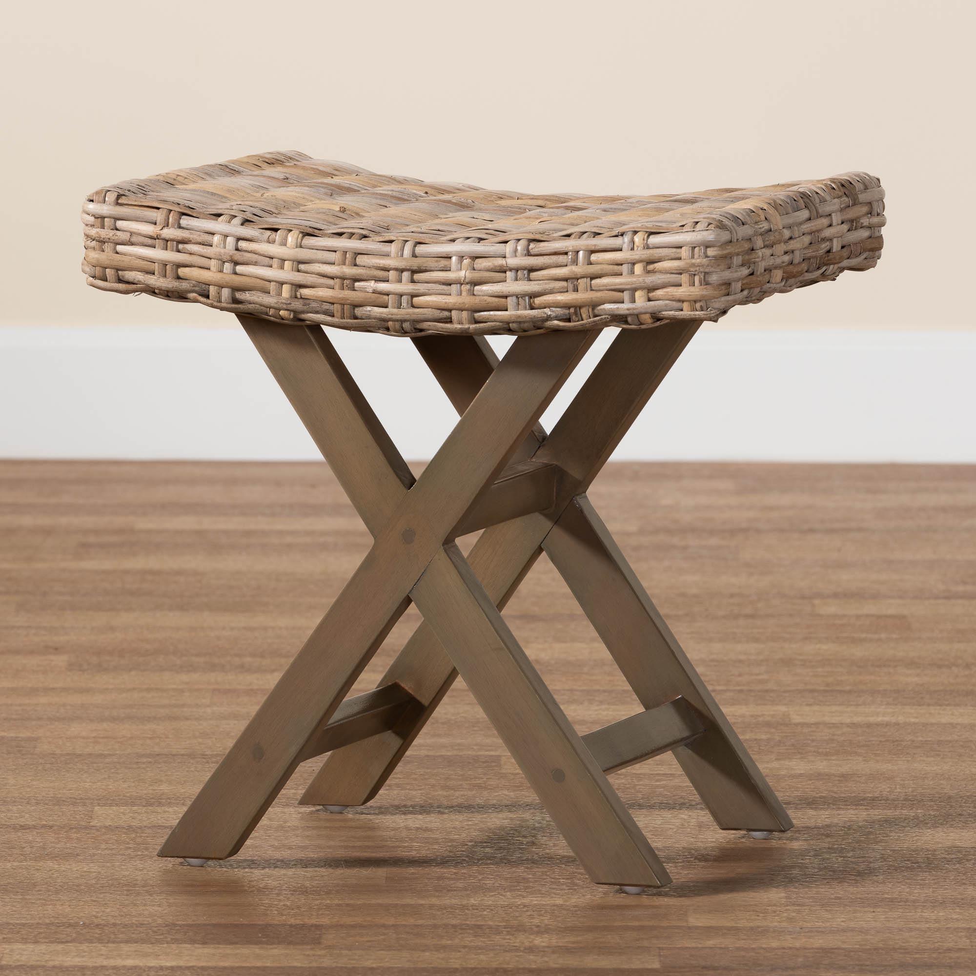 bali & pari Hayate Bohemian Kubu Rattan and Mahogany Wood Ottoman Footstool