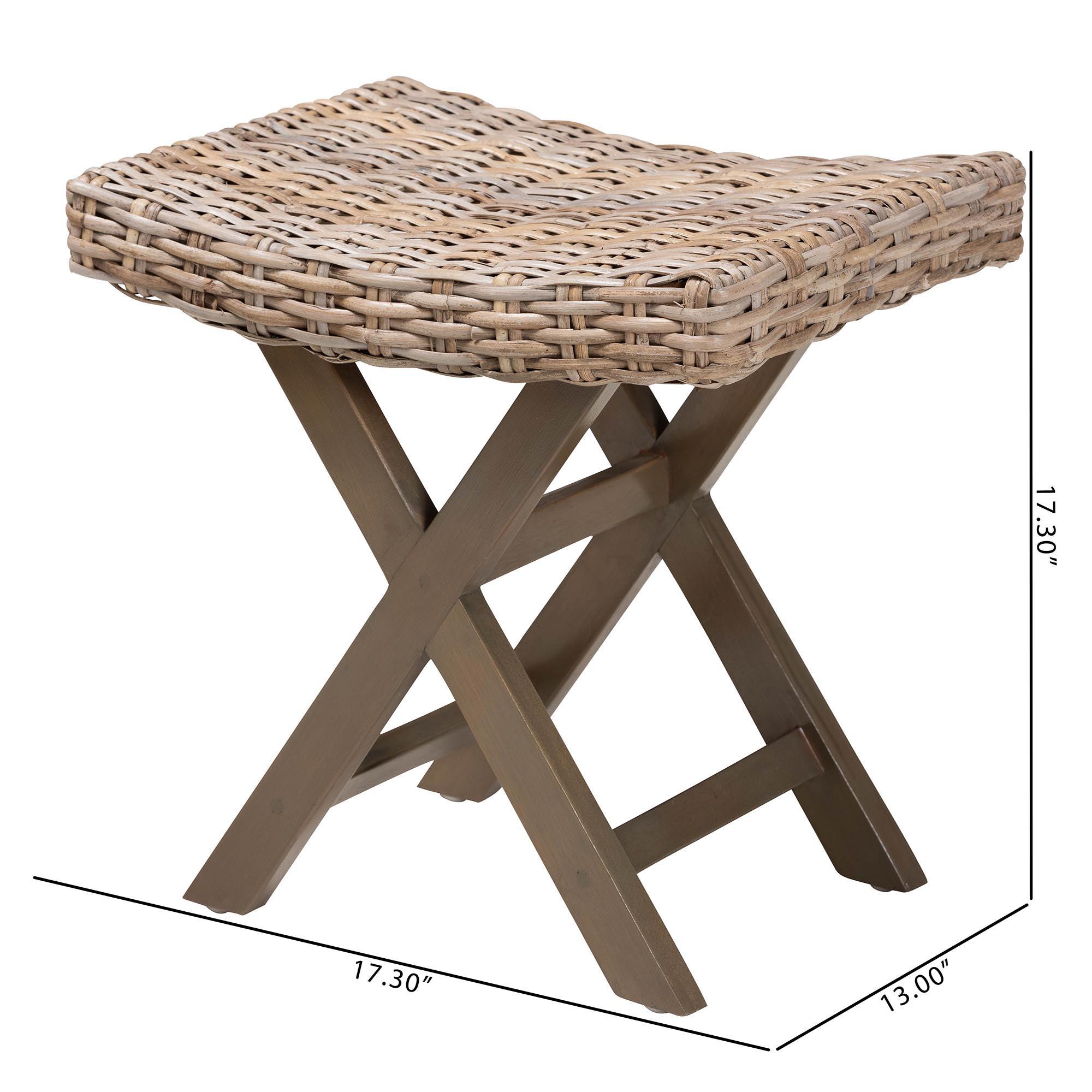 bali & pari Hayate Bohemian Kubu Rattan and Mahogany Wood Ottoman Footstool