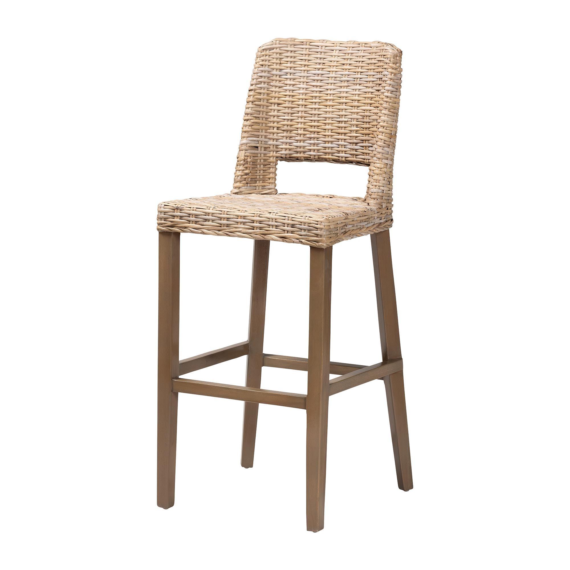 bali & pari Magy Modern Bohemian Kubu Rattan and Mahogany Wood Bar Stool