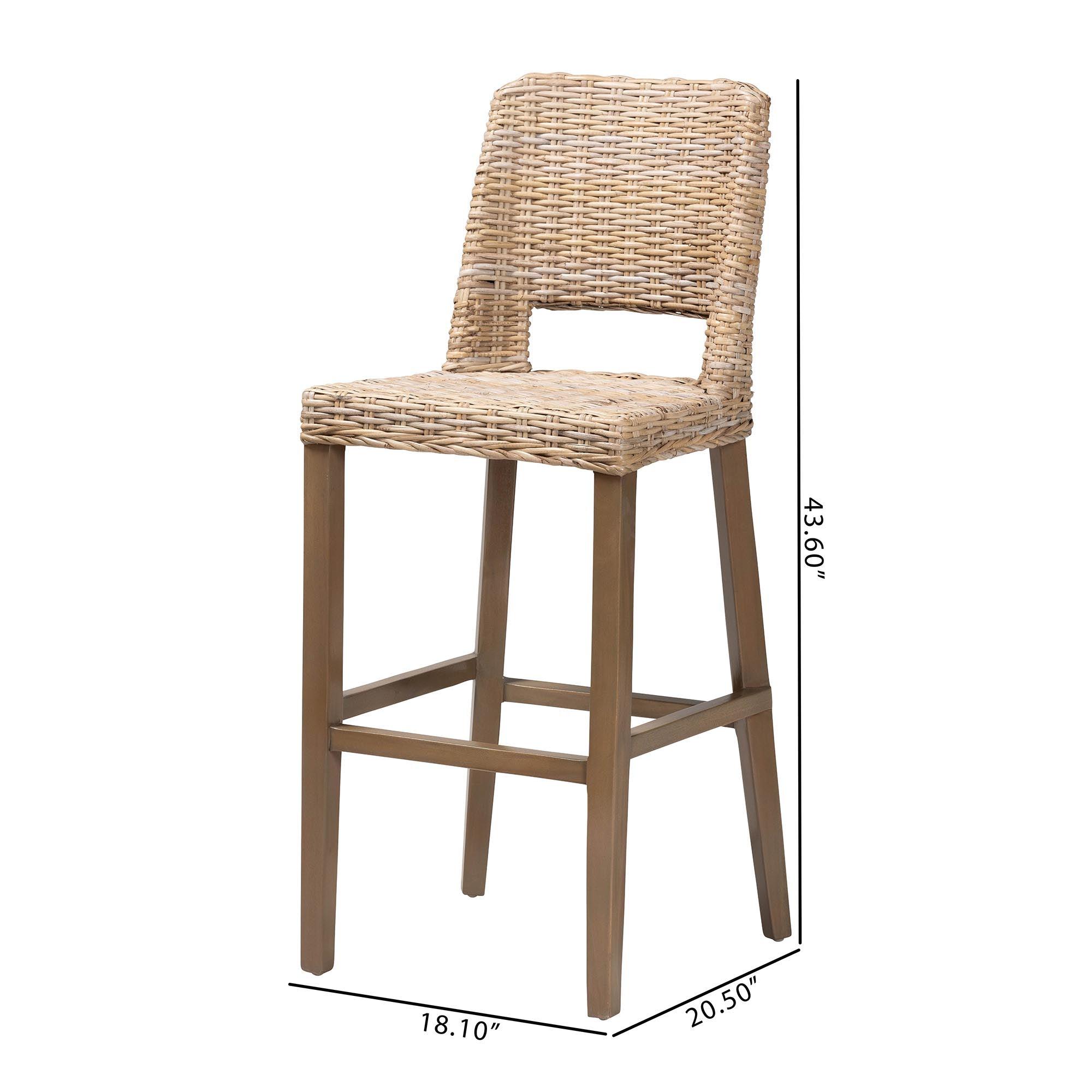 bali & pari Magy Modern Bohemian Kubu Rattan and Mahogany Wood Bar Stool