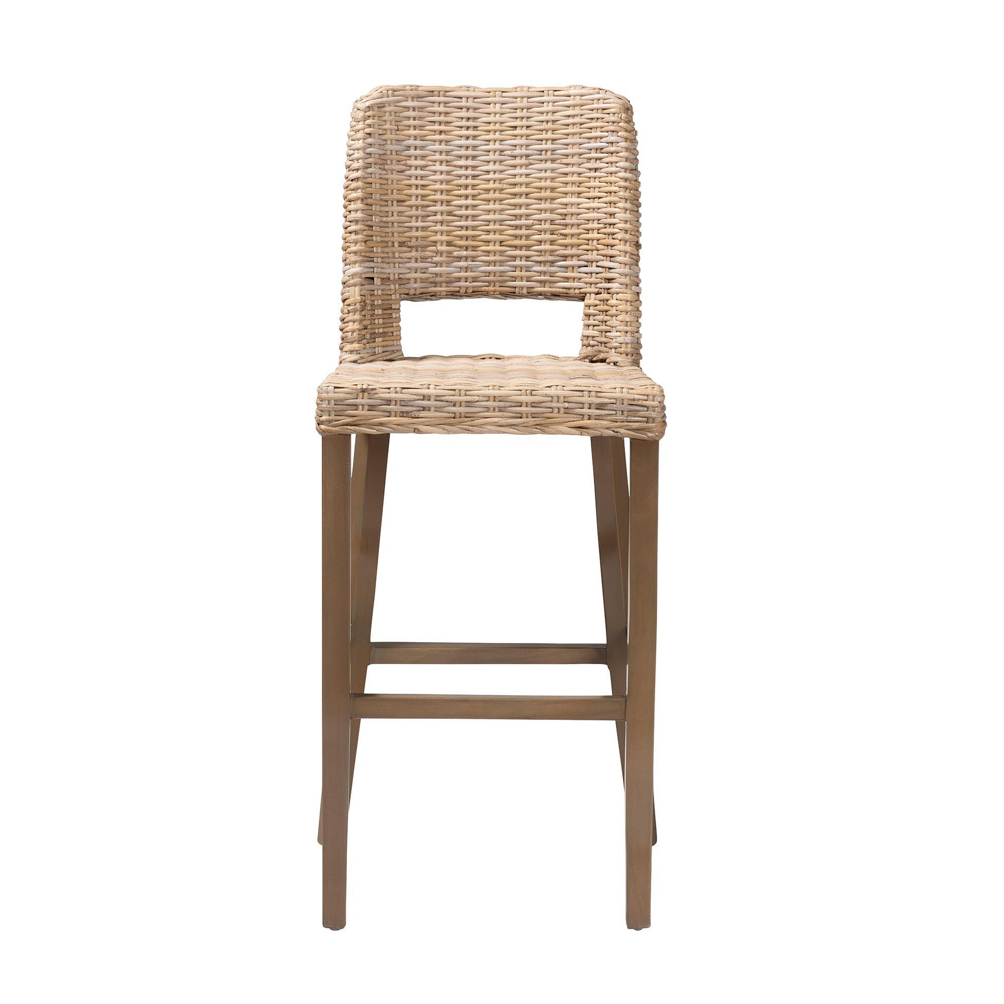 bali & pari Magy Modern Bohemian Kubu Rattan and Mahogany Wood Bar Stool