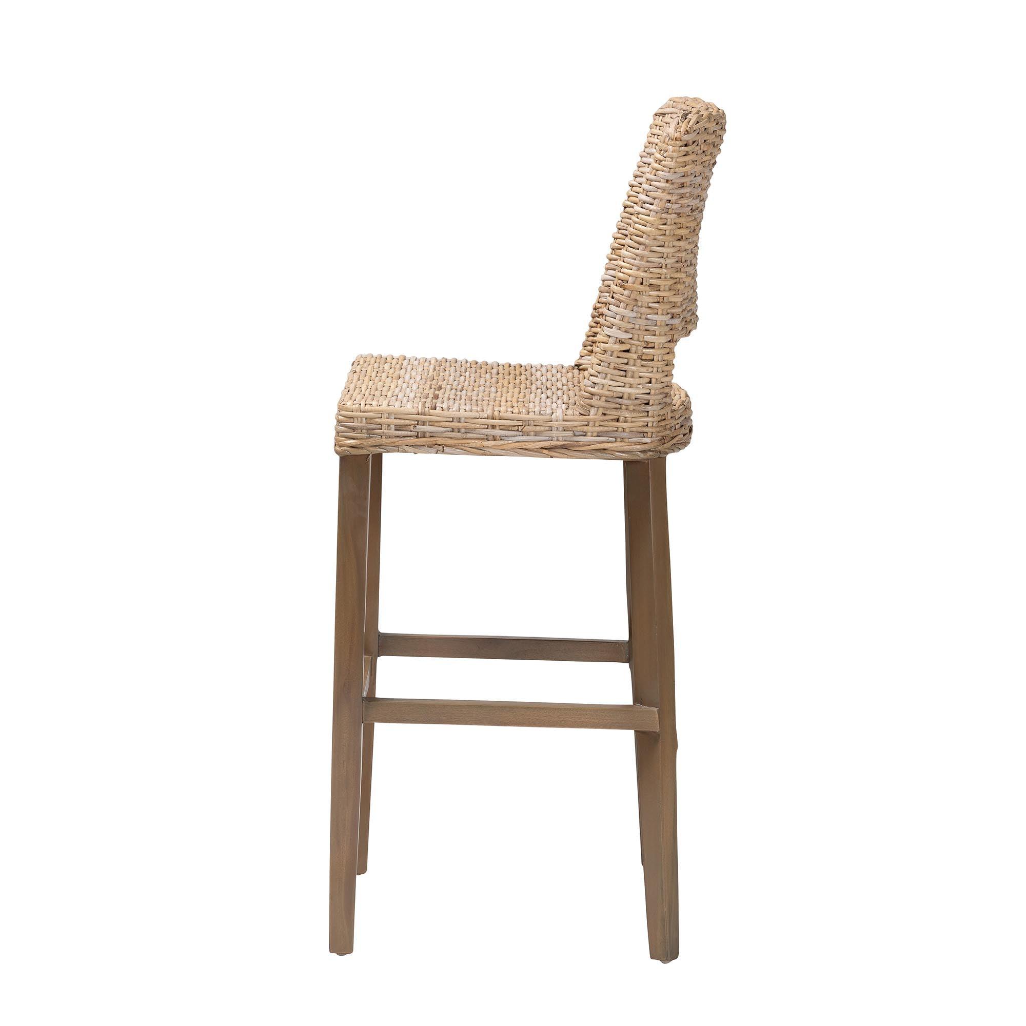 bali & pari Magy Modern Bohemian Kubu Rattan and Mahogany Wood Bar Stool