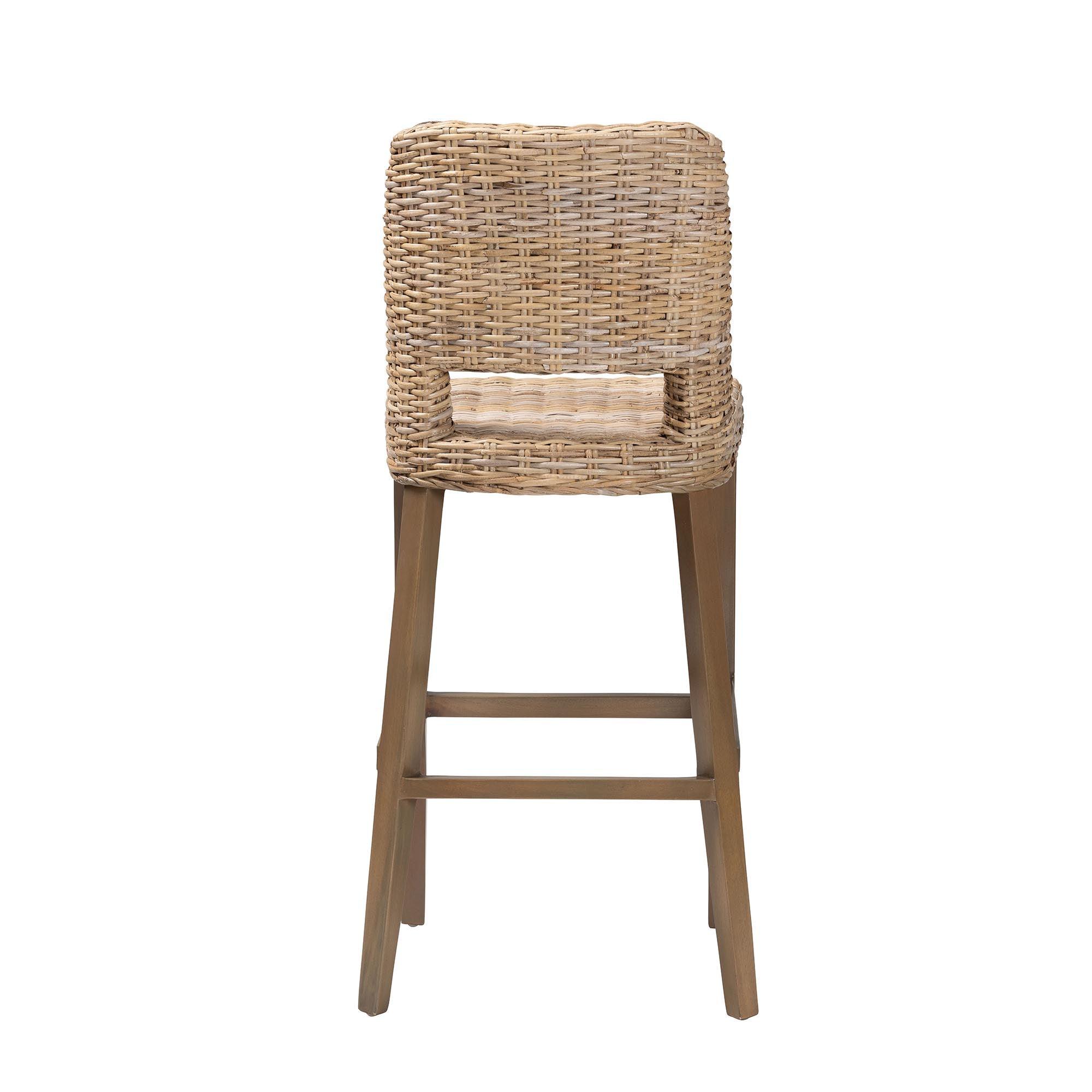 bali & pari Magy Modern Bohemian Kubu Rattan and Mahogany Wood Bar Stool