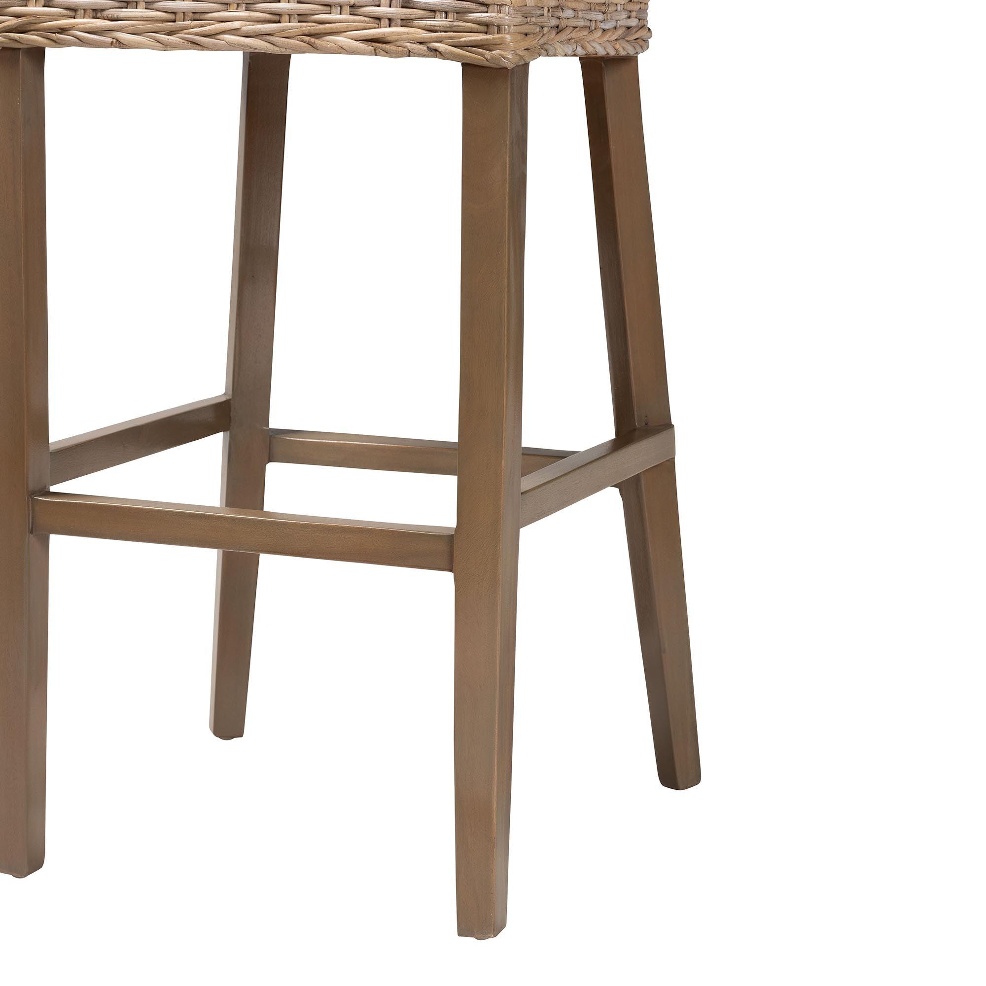 bali & pari Magy Modern Bohemian Kubu Rattan and Mahogany Wood Bar Stool