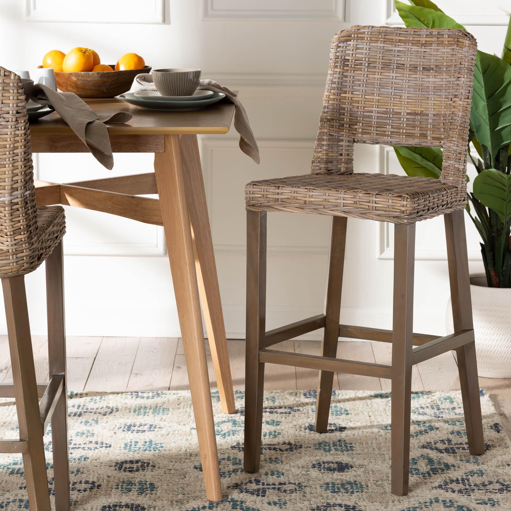 bali & pari Magy Modern Bohemian Kubu Rattan and Mahogany Wood Bar Stool