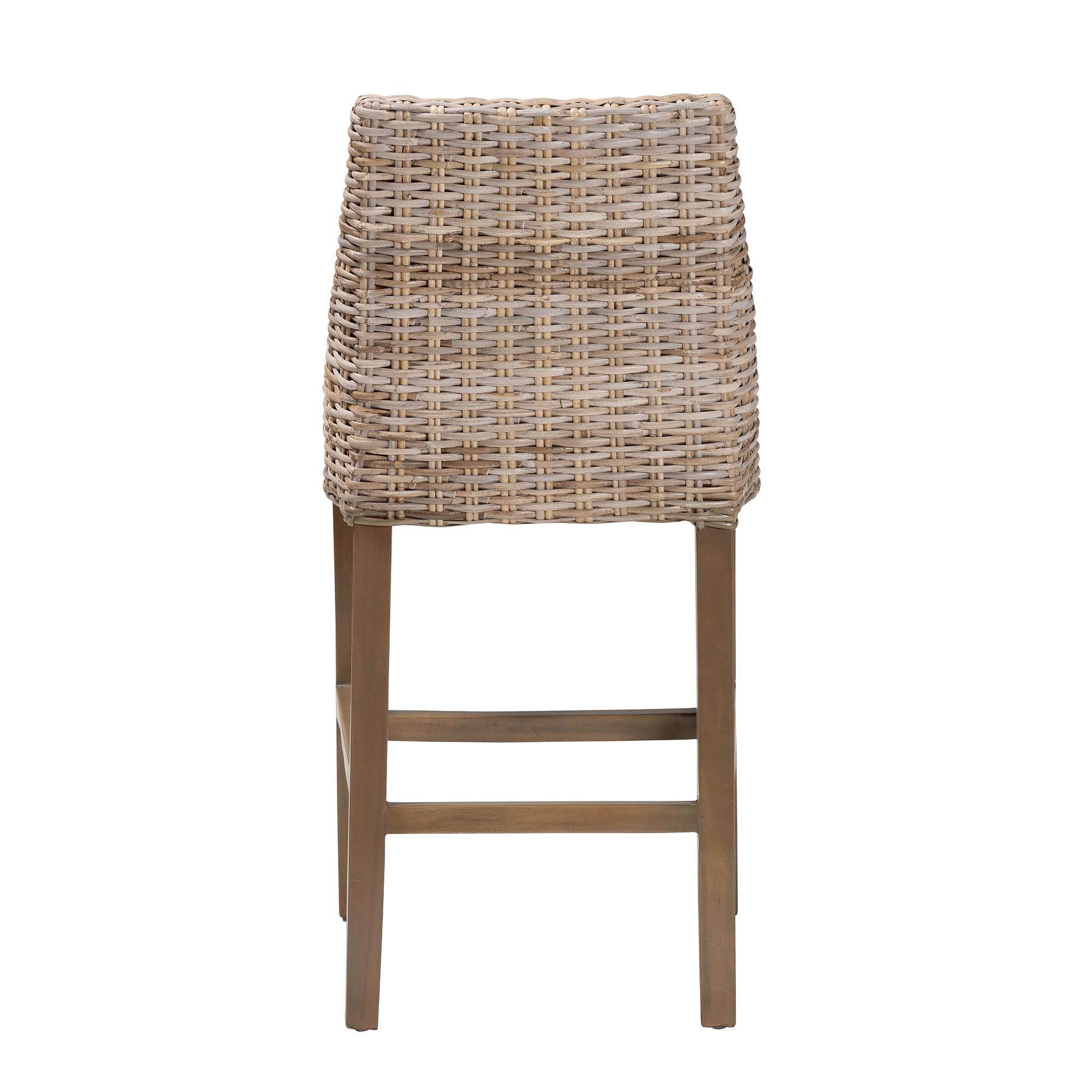 bali & pari Toby Modern Bohemian Kubu Rattan and Rustic Finished Mahogany Wood Counter Stool