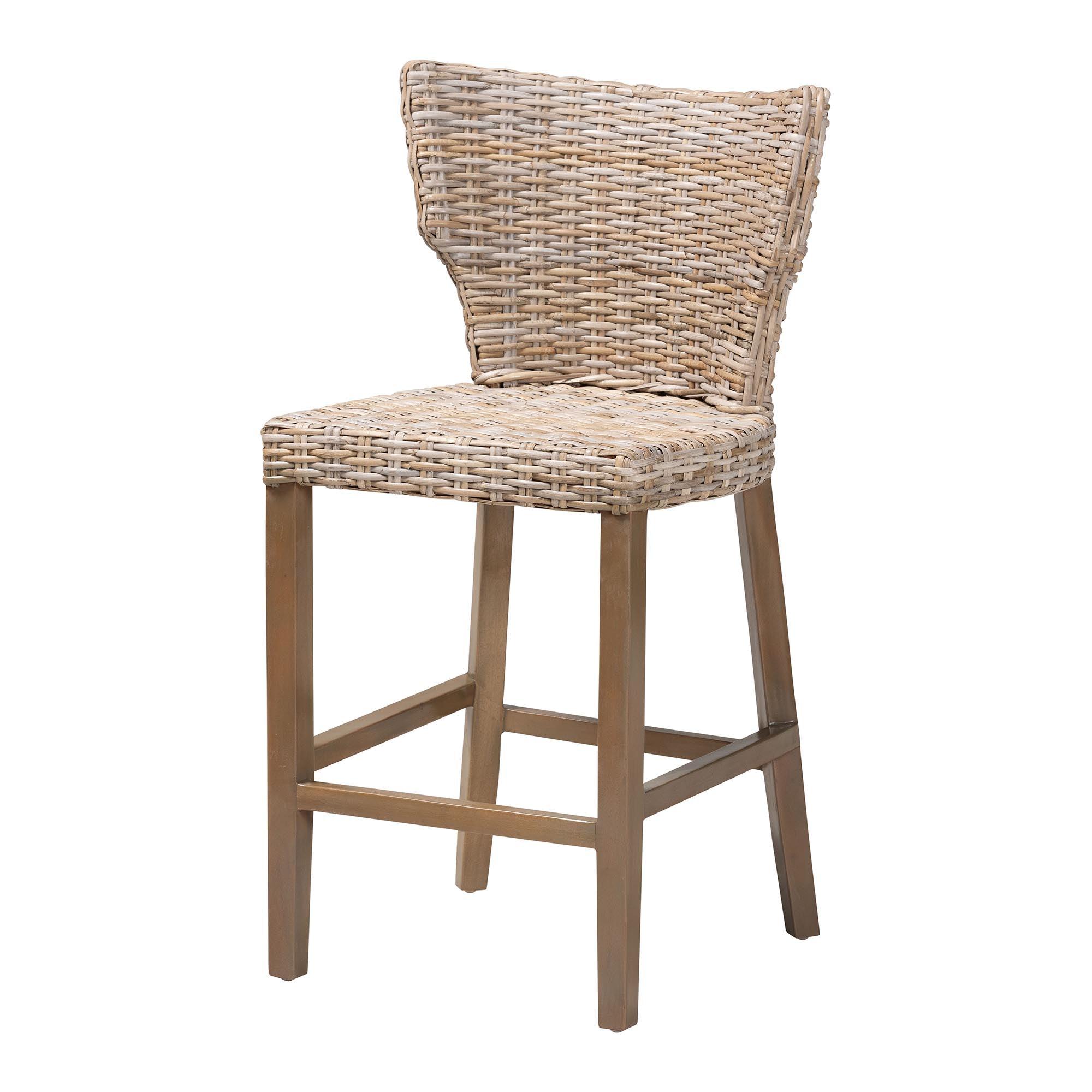 bali & pari Enver Modern Bohemian Kubu Rattan and Mahogany Wood Counter Stool