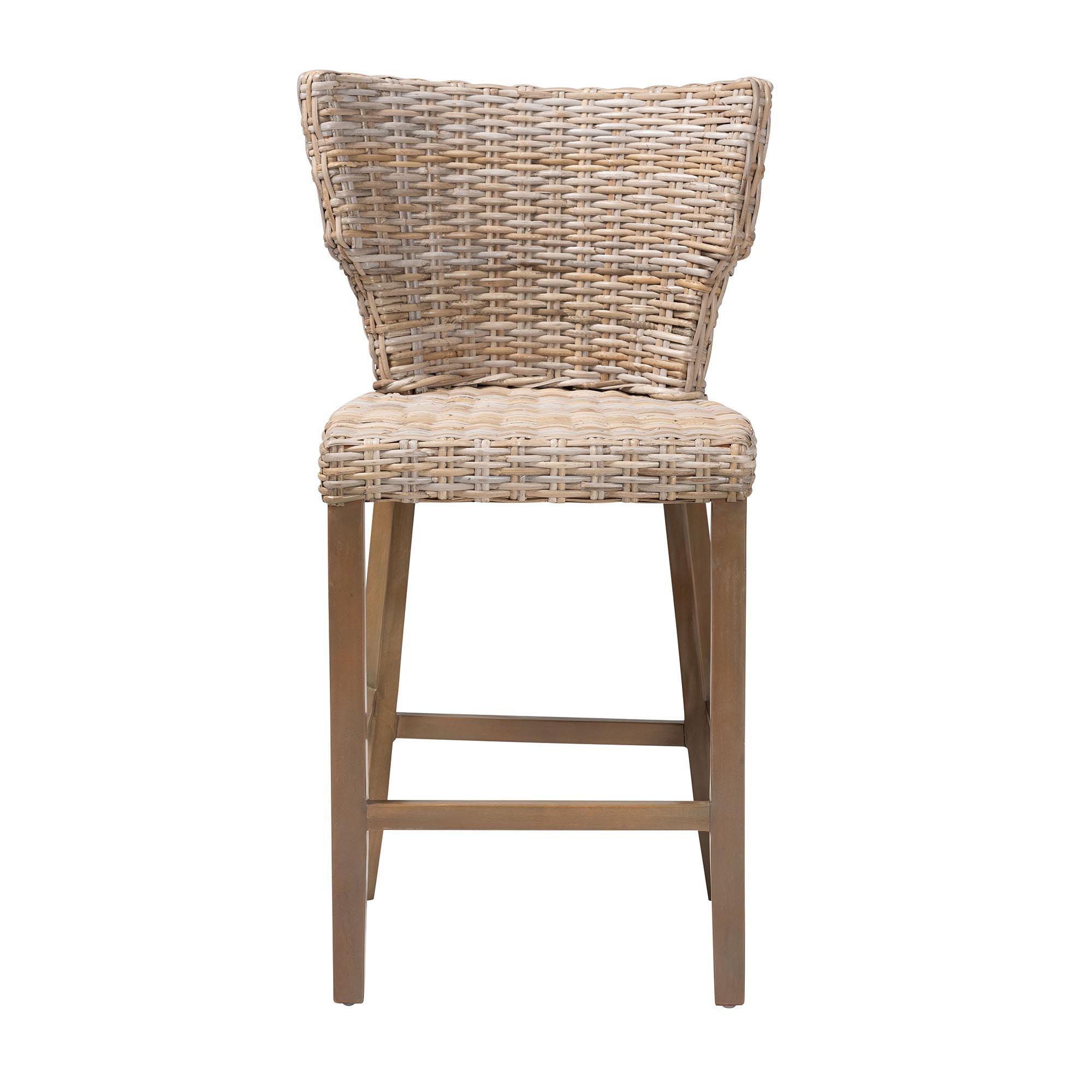 bali & pari Enver Modern Bohemian Kubu Rattan and Mahogany Wood Counter Stool