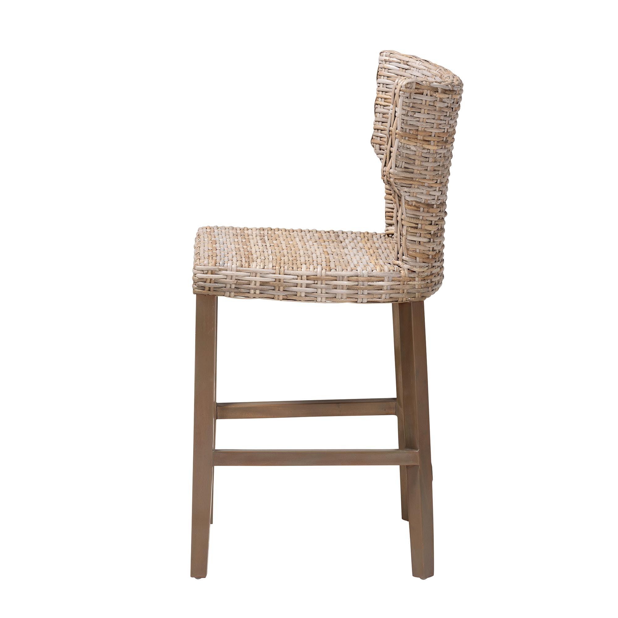 bali & pari Enver Modern Bohemian Kubu Rattan and Mahogany Wood Counter Stool