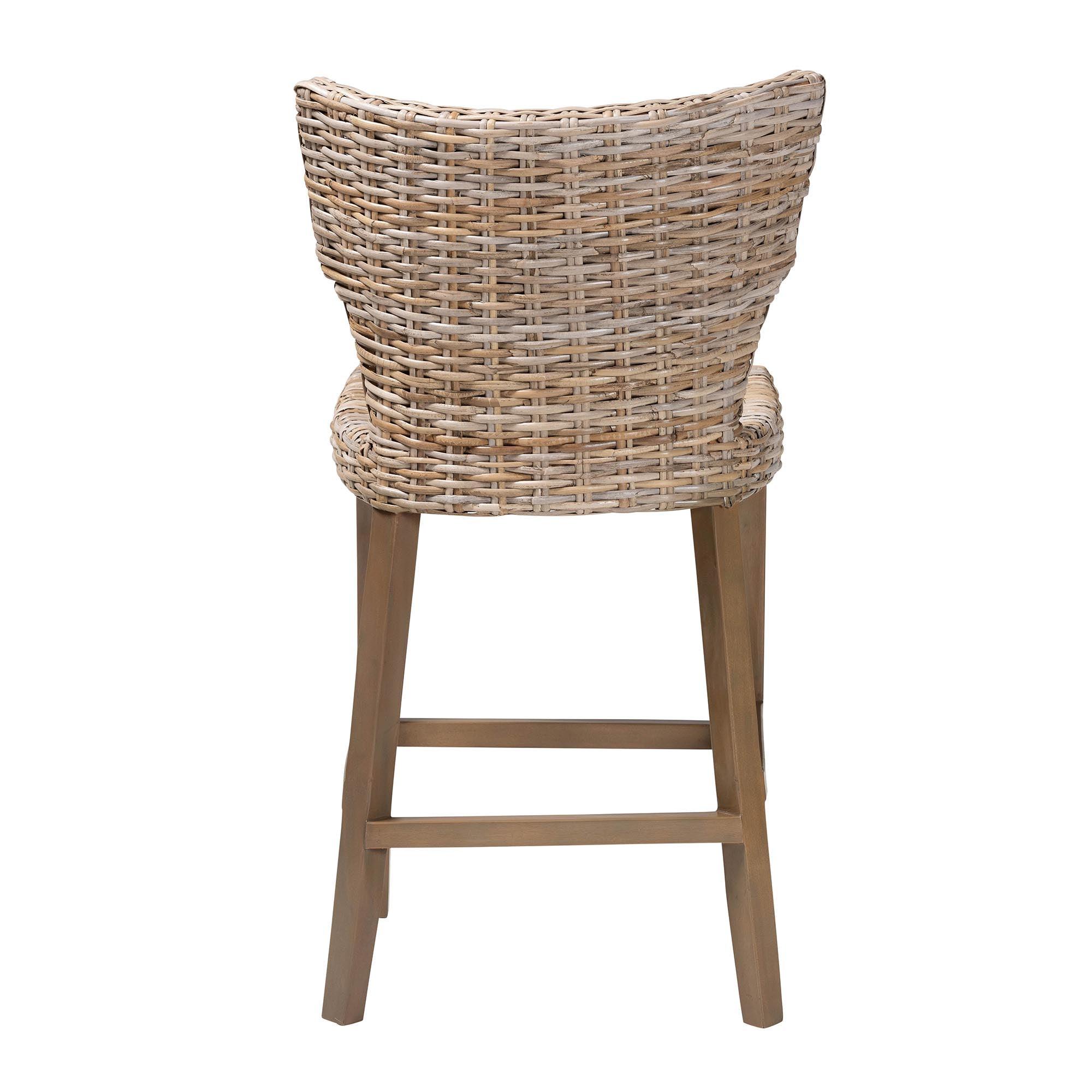 bali & pari Enver Modern Bohemian Kubu Rattan and Mahogany Wood Counter Stool