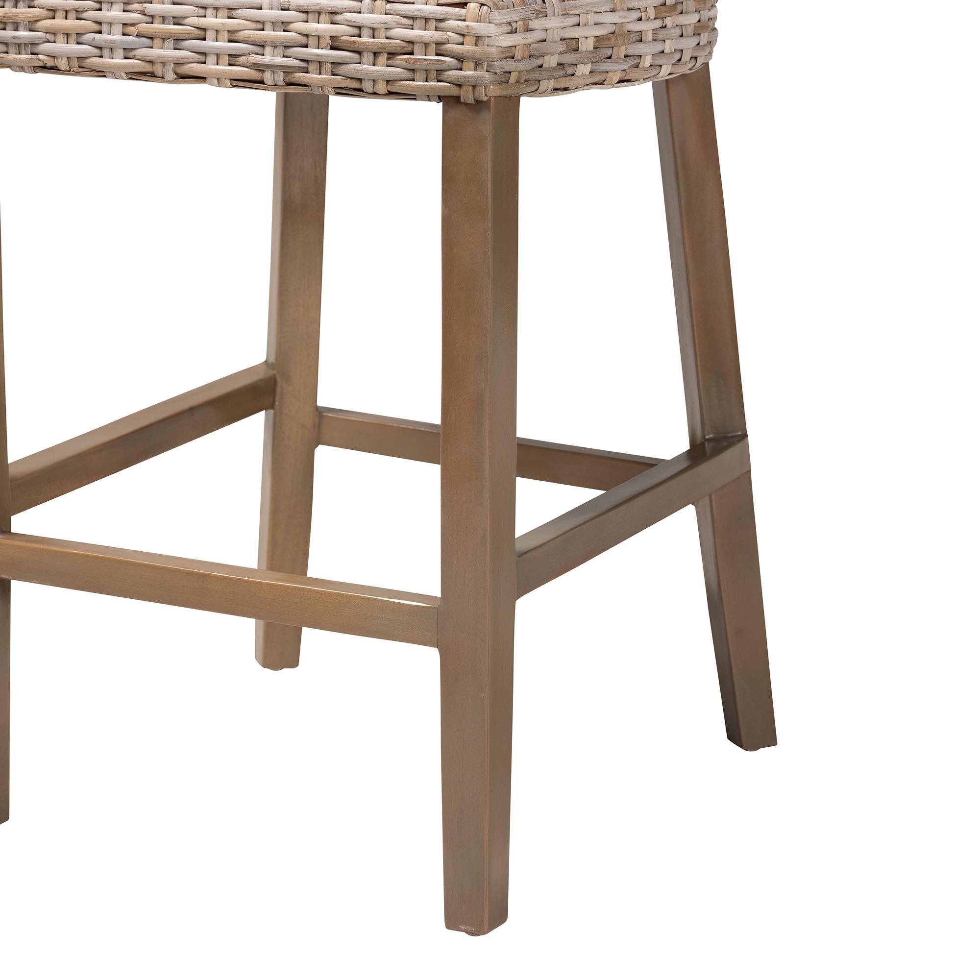 bali & pari Enver Modern Bohemian Kubu Rattan and Mahogany Wood Counter Stool