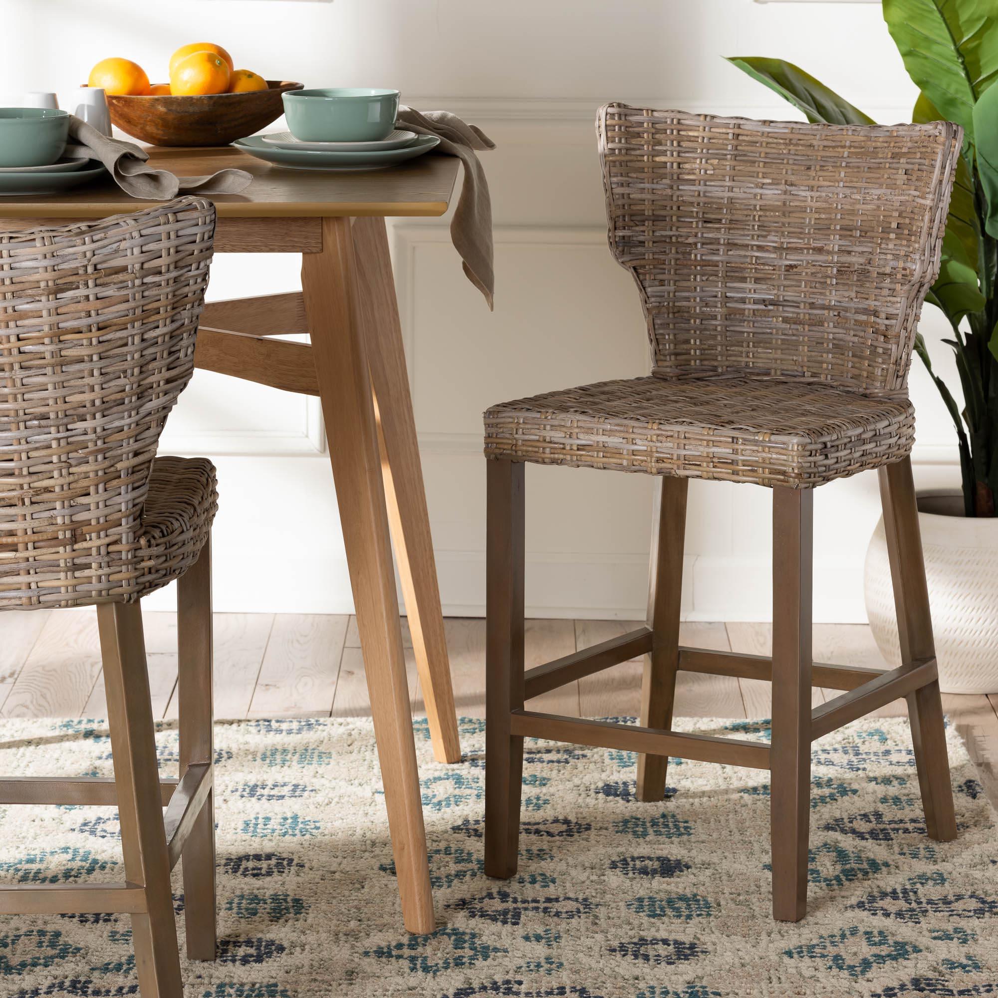 bali & pari Enver Modern Bohemian Kubu Rattan and Mahogany Wood Counter Stool