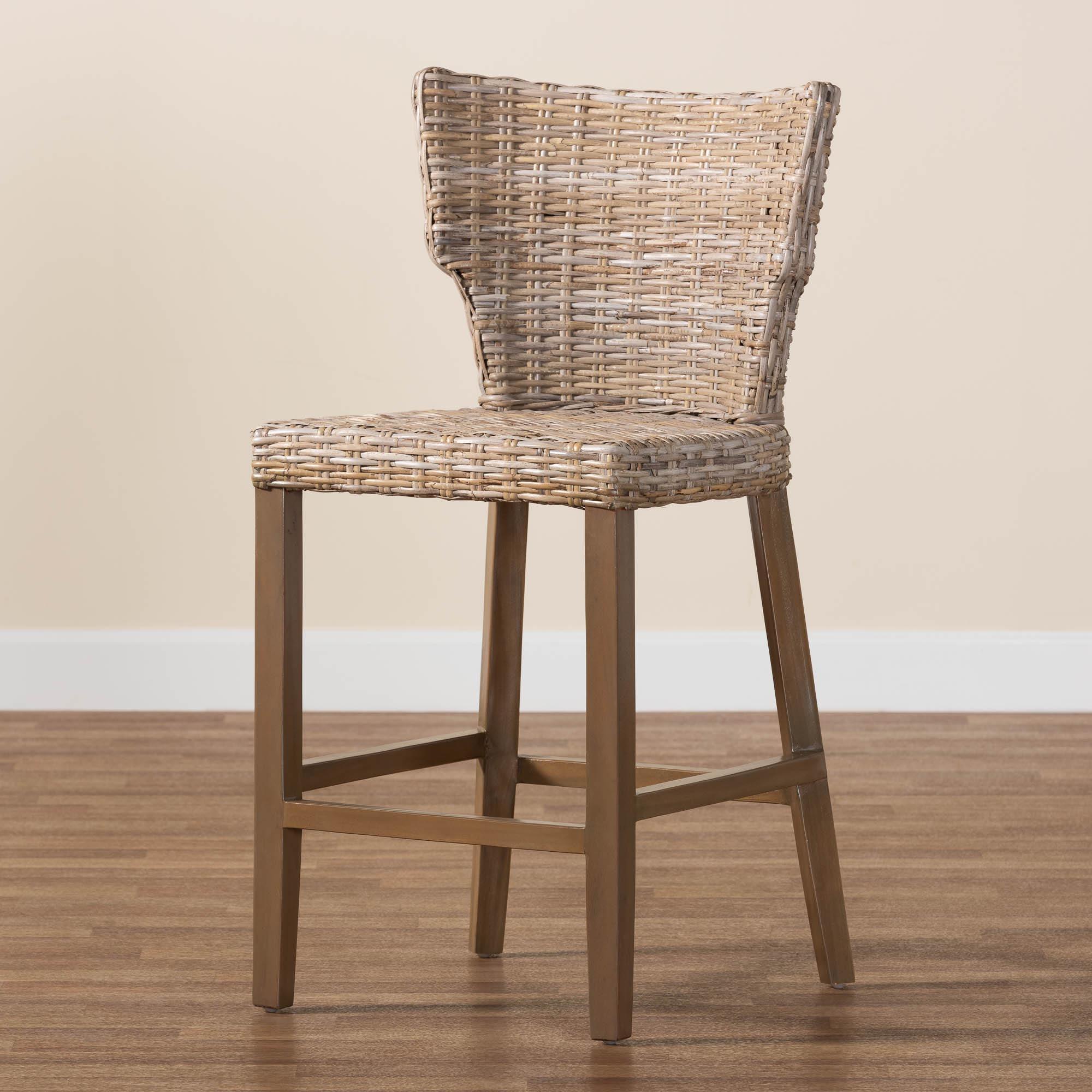 bali & pari Enver Modern Bohemian Kubu Rattan and Mahogany Wood Counter Stool