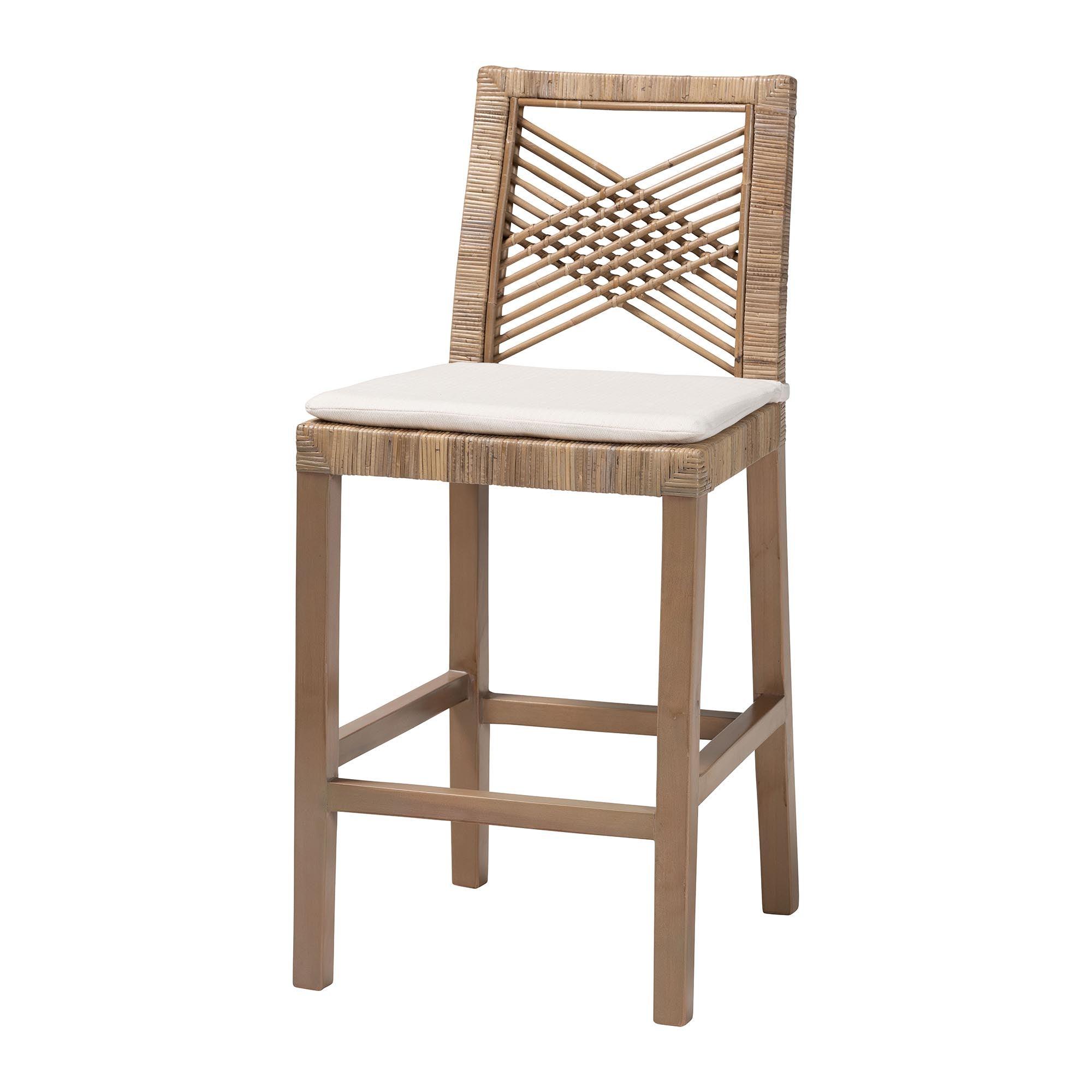 bali & pari Poltak Modern Bohemian Kubu Rattan and Mahogany Wood Counter Stool