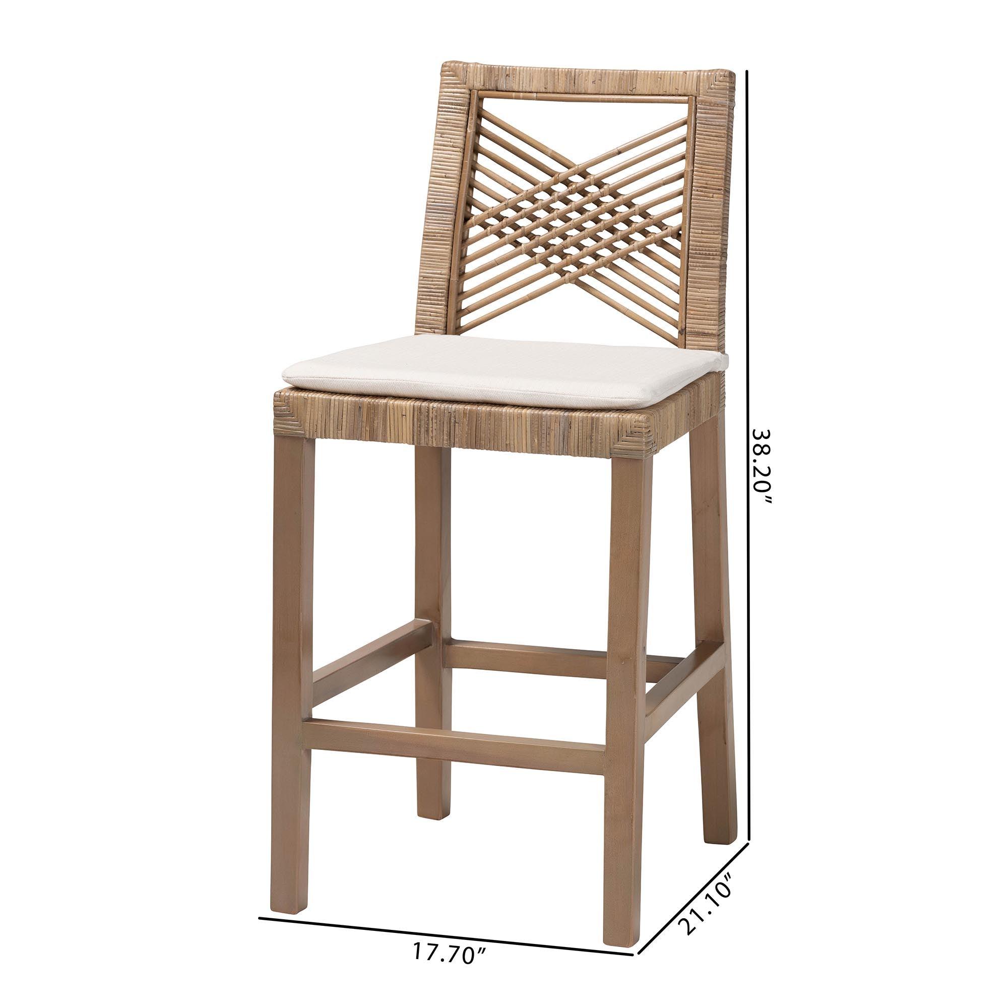 bali & pari Poltak Modern Bohemian Kubu Rattan and Mahogany Wood Counter Stool
