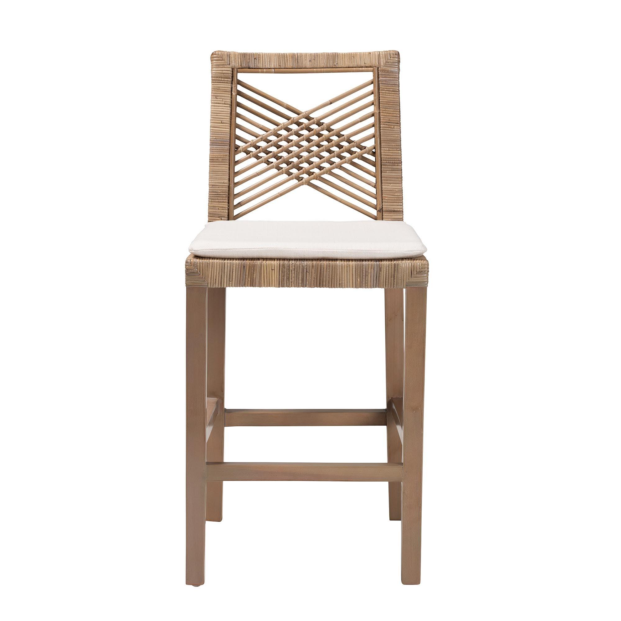 bali & pari Poltak Modern Bohemian Kubu Rattan and Mahogany Wood Counter Stool
