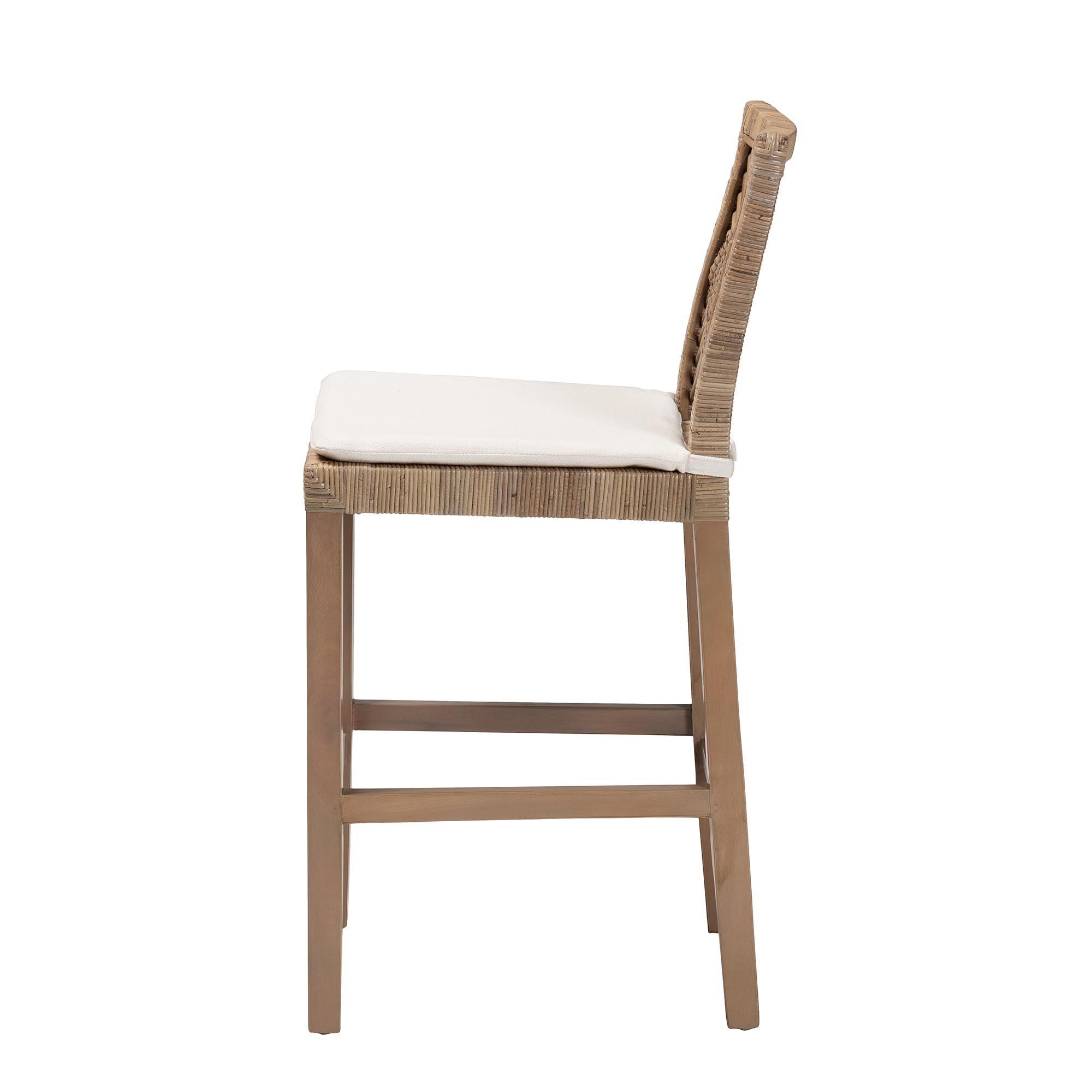 bali & pari Poltak Modern Bohemian Kubu Rattan and Mahogany Wood Counter Stool