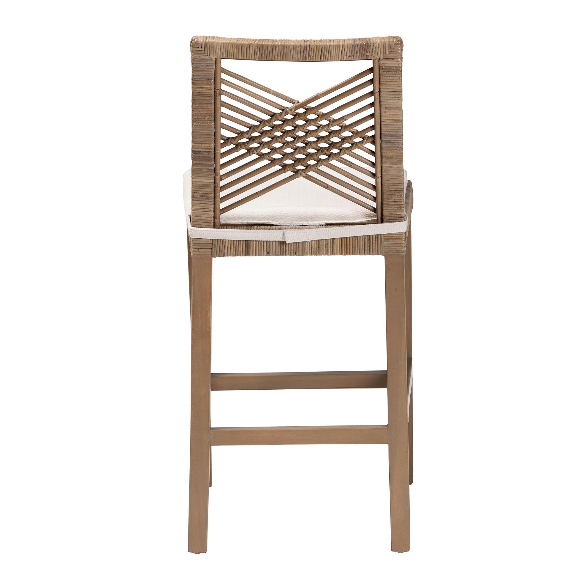 bali & pari Poltak Modern Bohemian Kubu Rattan and Mahogany Wood Counter Stool