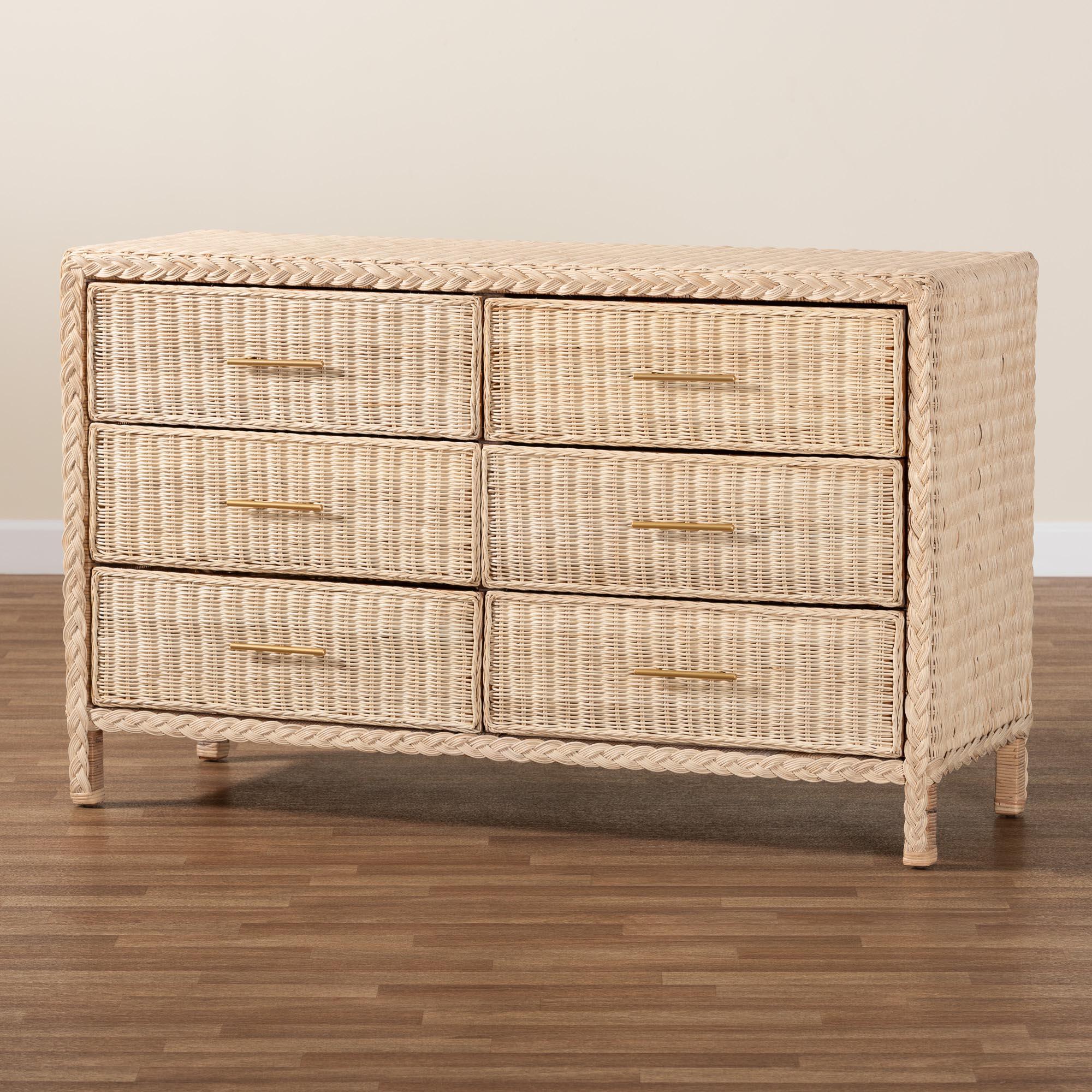 bali & pari Lanica Japandi Sun-Bleached Braided Rattan 6-Drawer Dresser