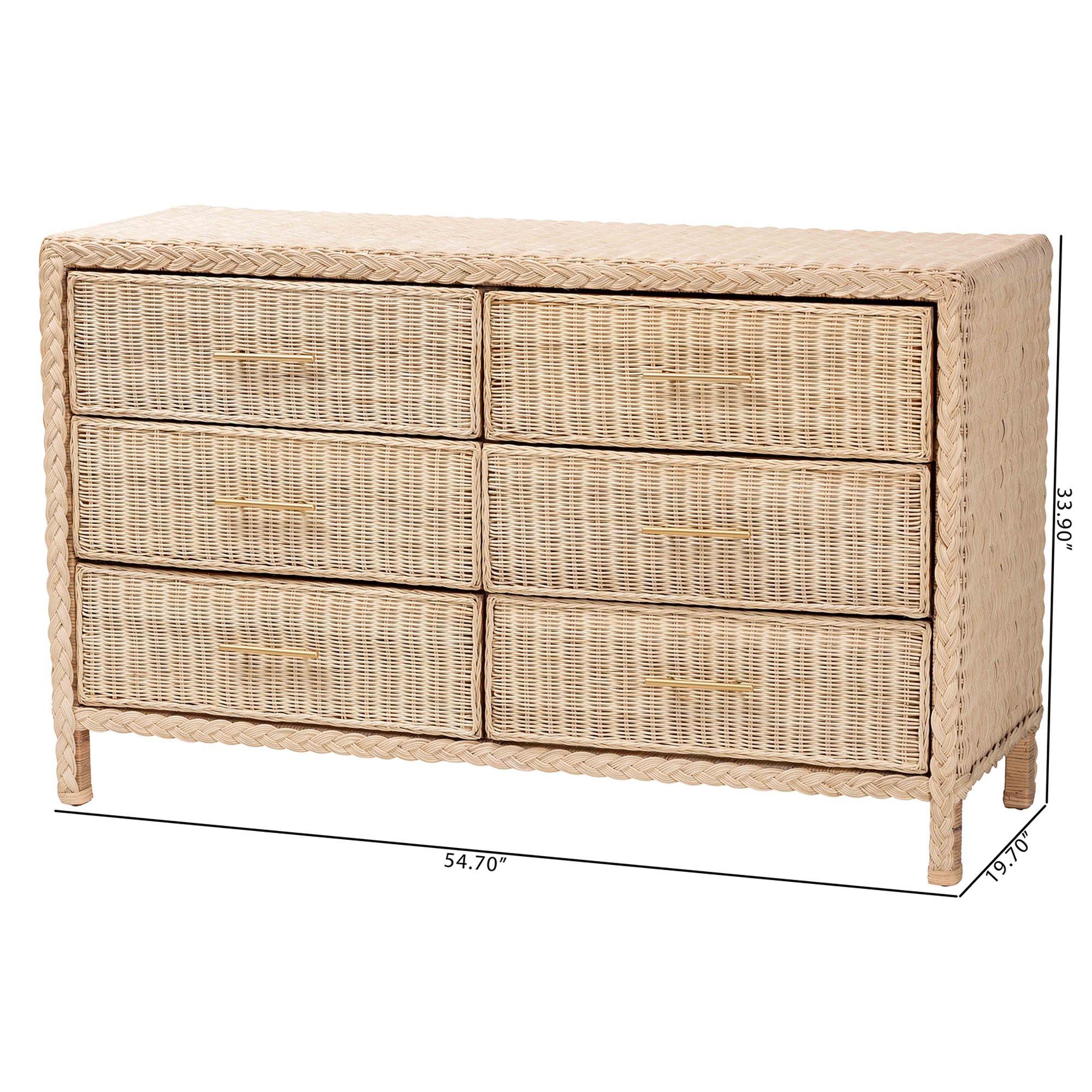 bali & pari Lanica Japandi Sun-Bleached Braided Rattan 6-Drawer Dresser