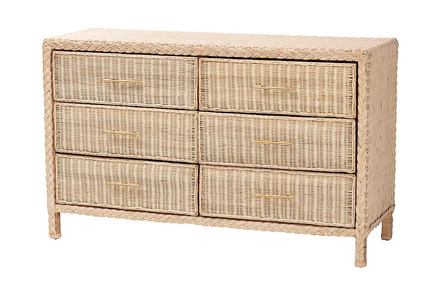 bali & pari Lanica Japandi Sun-Bleached Braided Rattan 6-Drawer Dresser