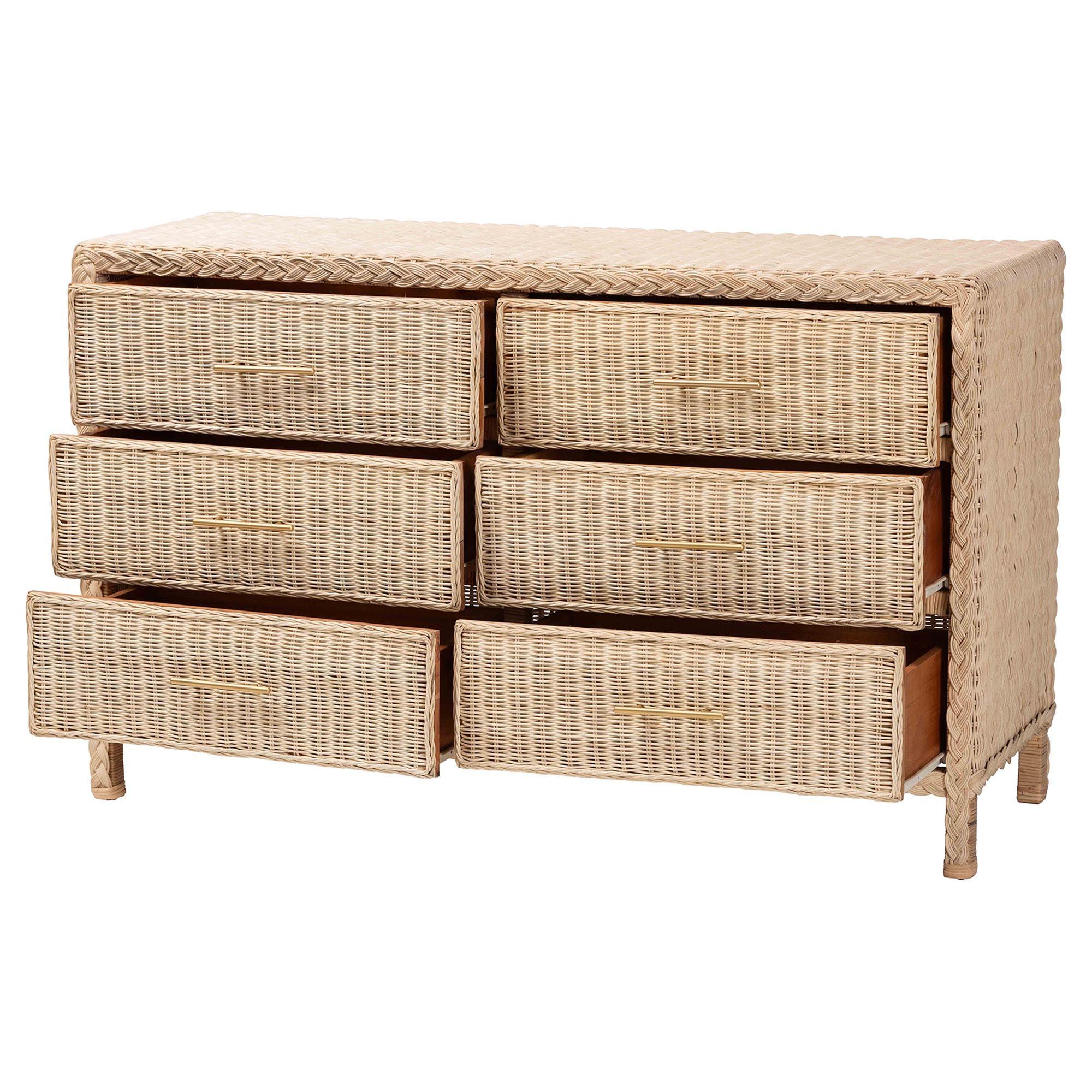 bali & pari Lanica Japandi Sun-Bleached Braided Rattan 6-Drawer Dresser