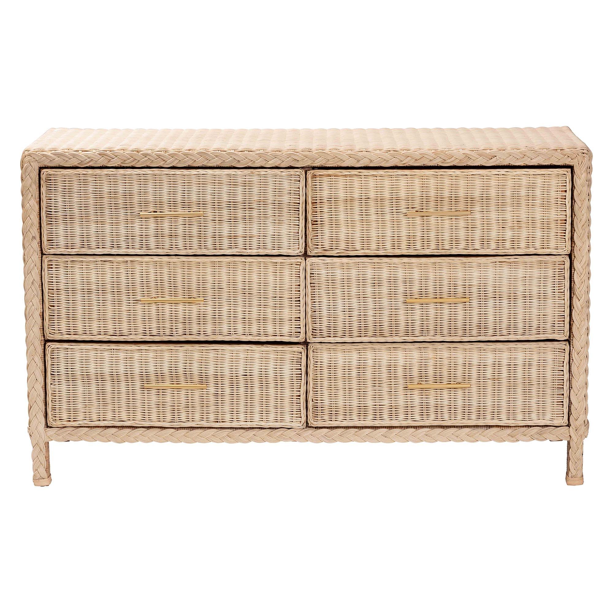 bali & pari Lanica Japandi Sun-Bleached Braided Rattan 6-Drawer Dresser