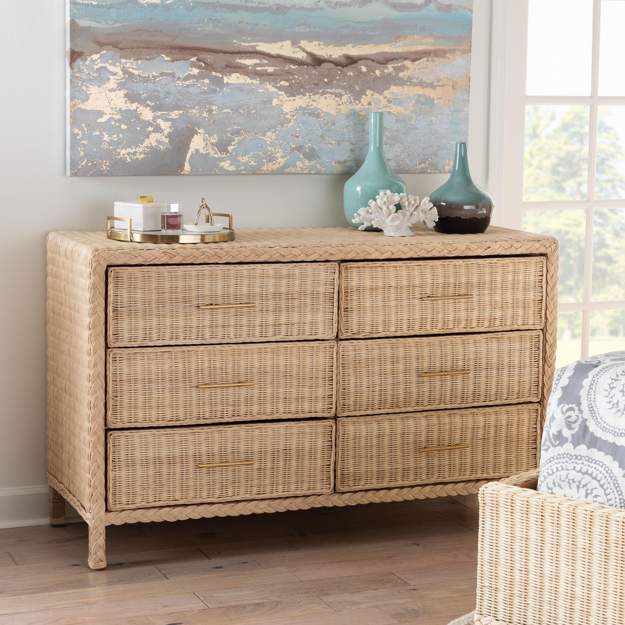 bali & pari Lanica Japandi Sun-Bleached Braided Rattan 6-Drawer Dresser