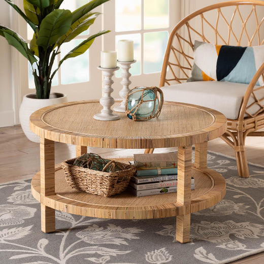 Bali & Pari Kalimantan Bohemian Light Honey Rattan and Mahogany Wood Coffee Table